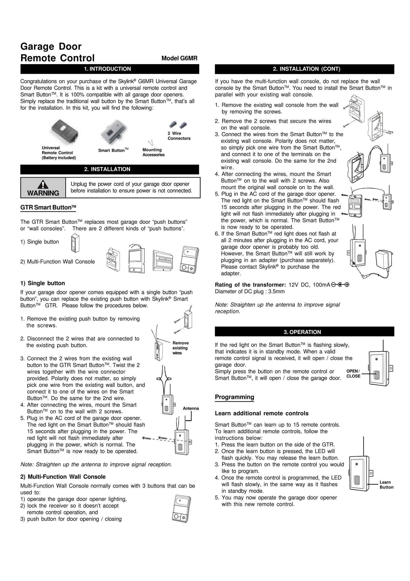 SkyLink G6MR Garage Door Opener User Manual