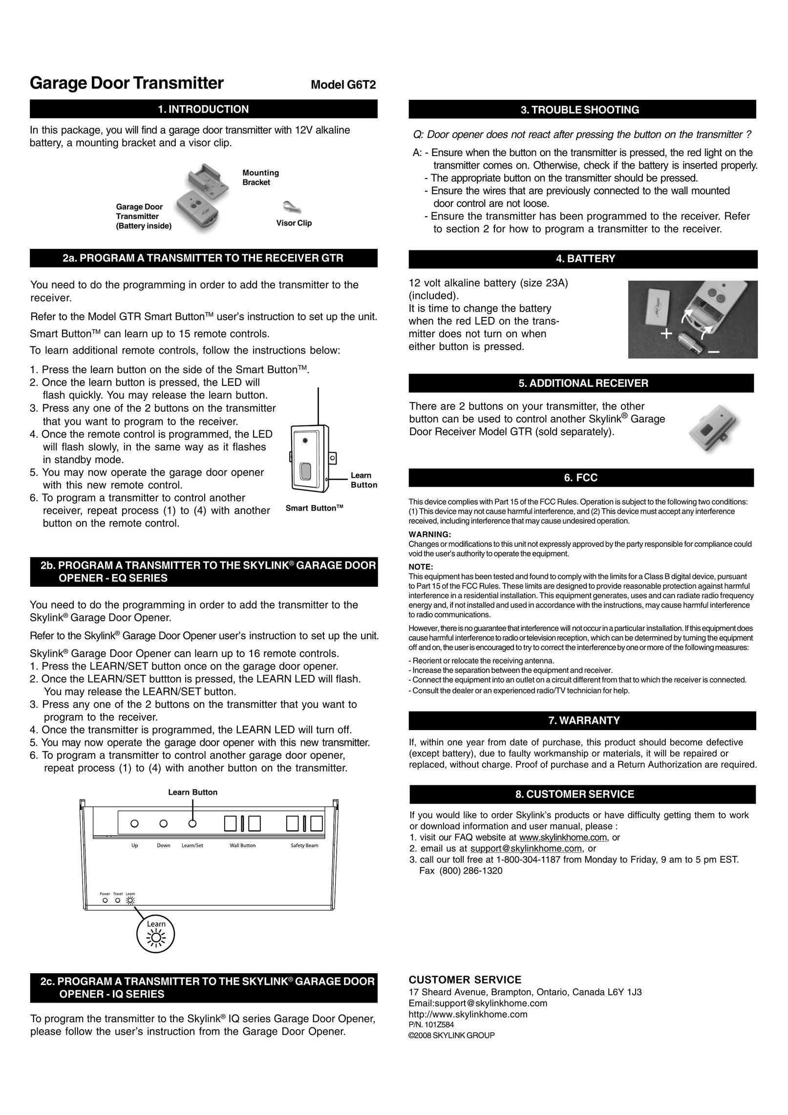 SkyLink G6T2 Garage Door Opener User Manual