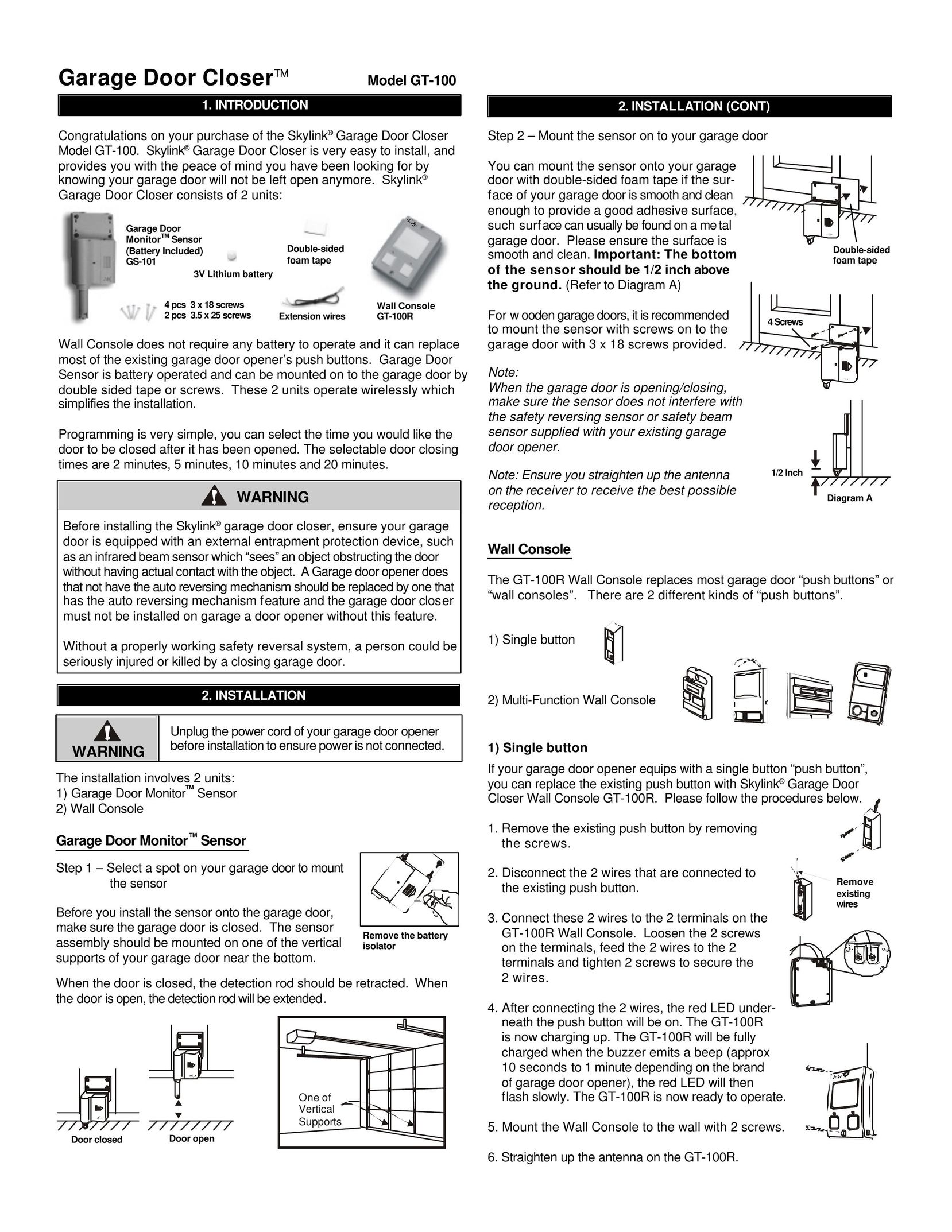 SkyLink GT-100 Garage Door Opener User Manual