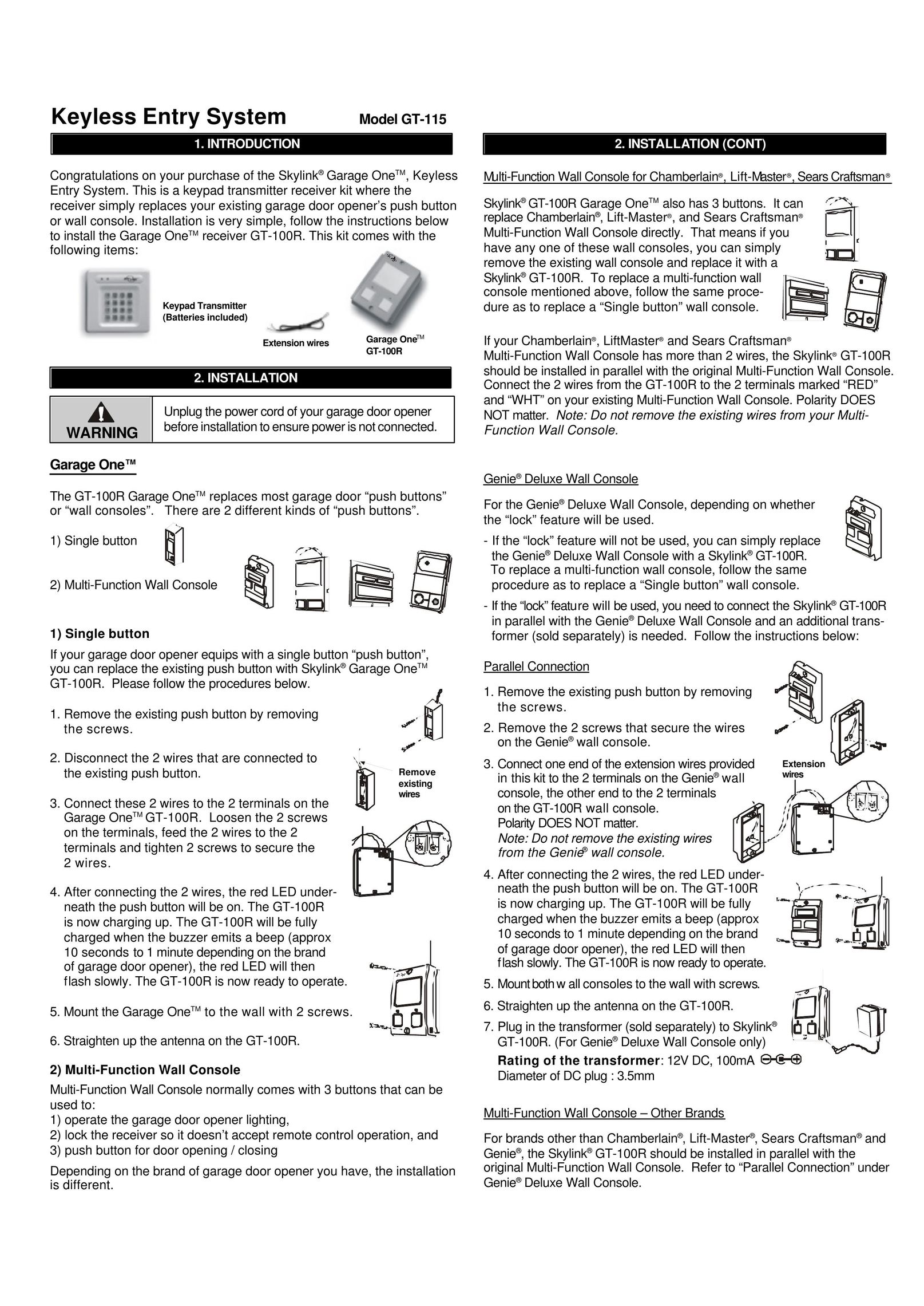 SkyLink Keyless Entry System Garage Door Opener User Manual