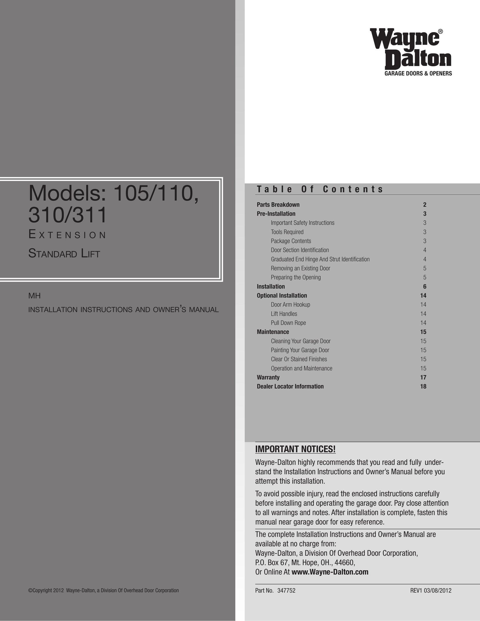 Wayne-Dalton 105/110 Garage Door Opener User Manual