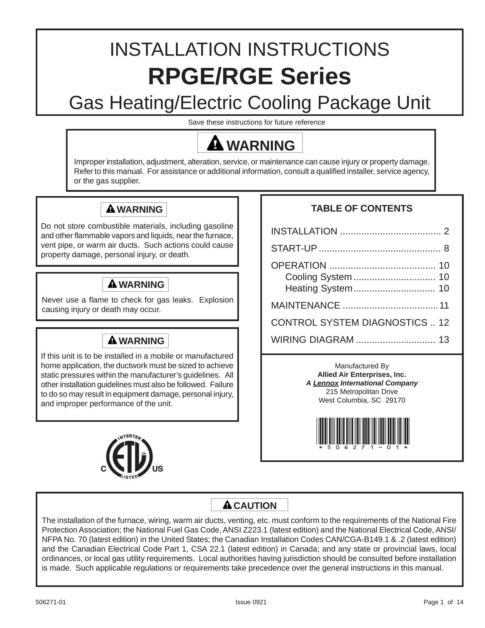Allied Air Enterprises 506271-01 Gas Heater User Manual