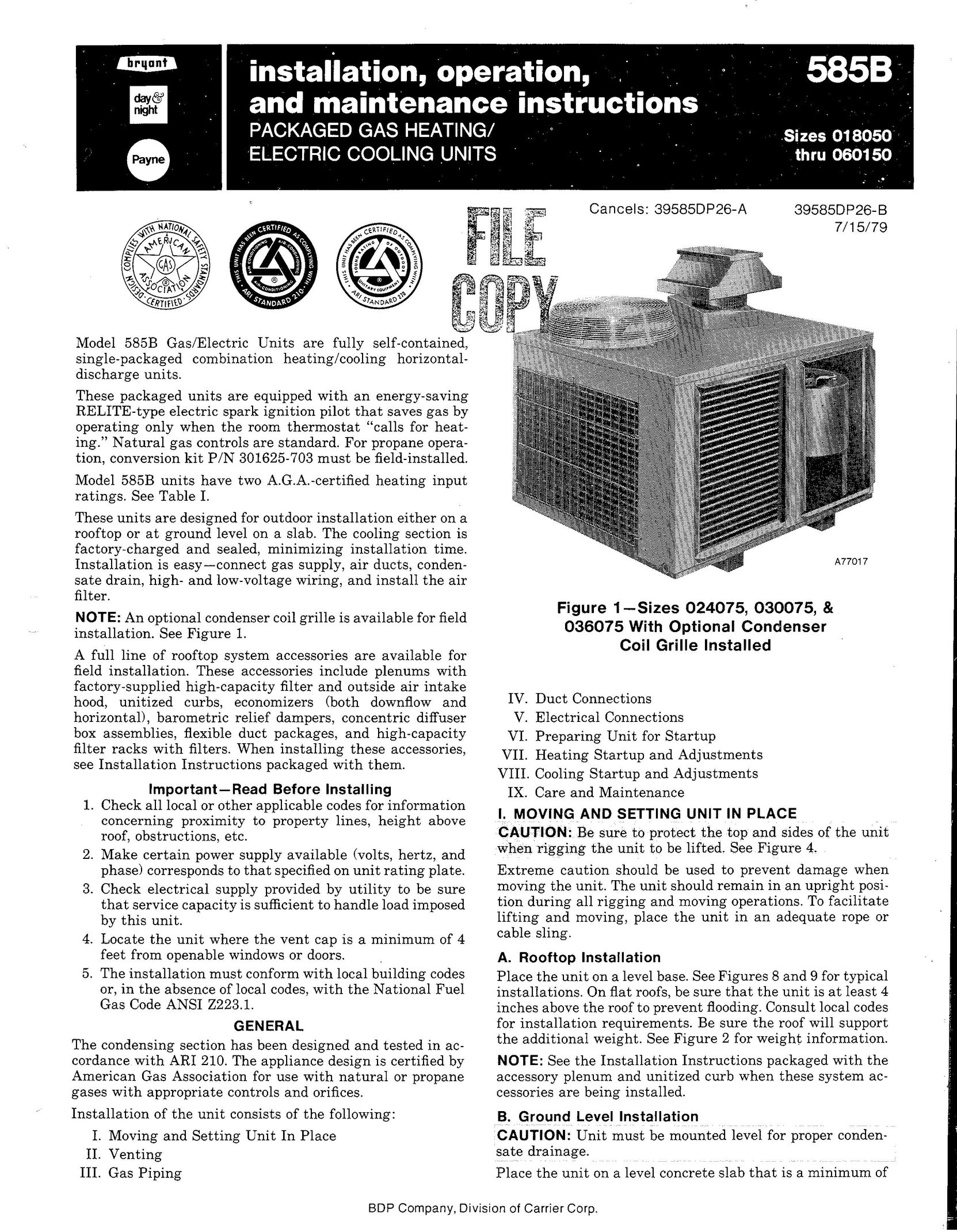 Bryant 585B Gas Heater User Manual