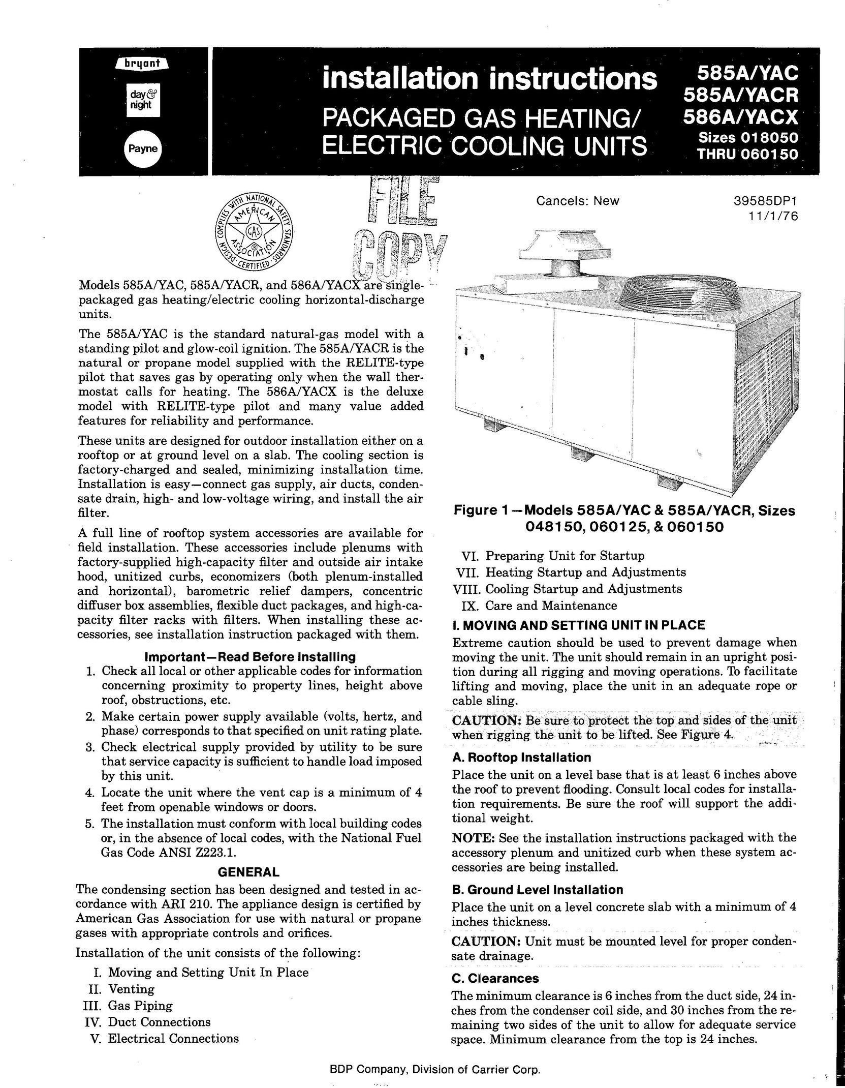 Bryant 586A/YACX Gas Heater User Manual
