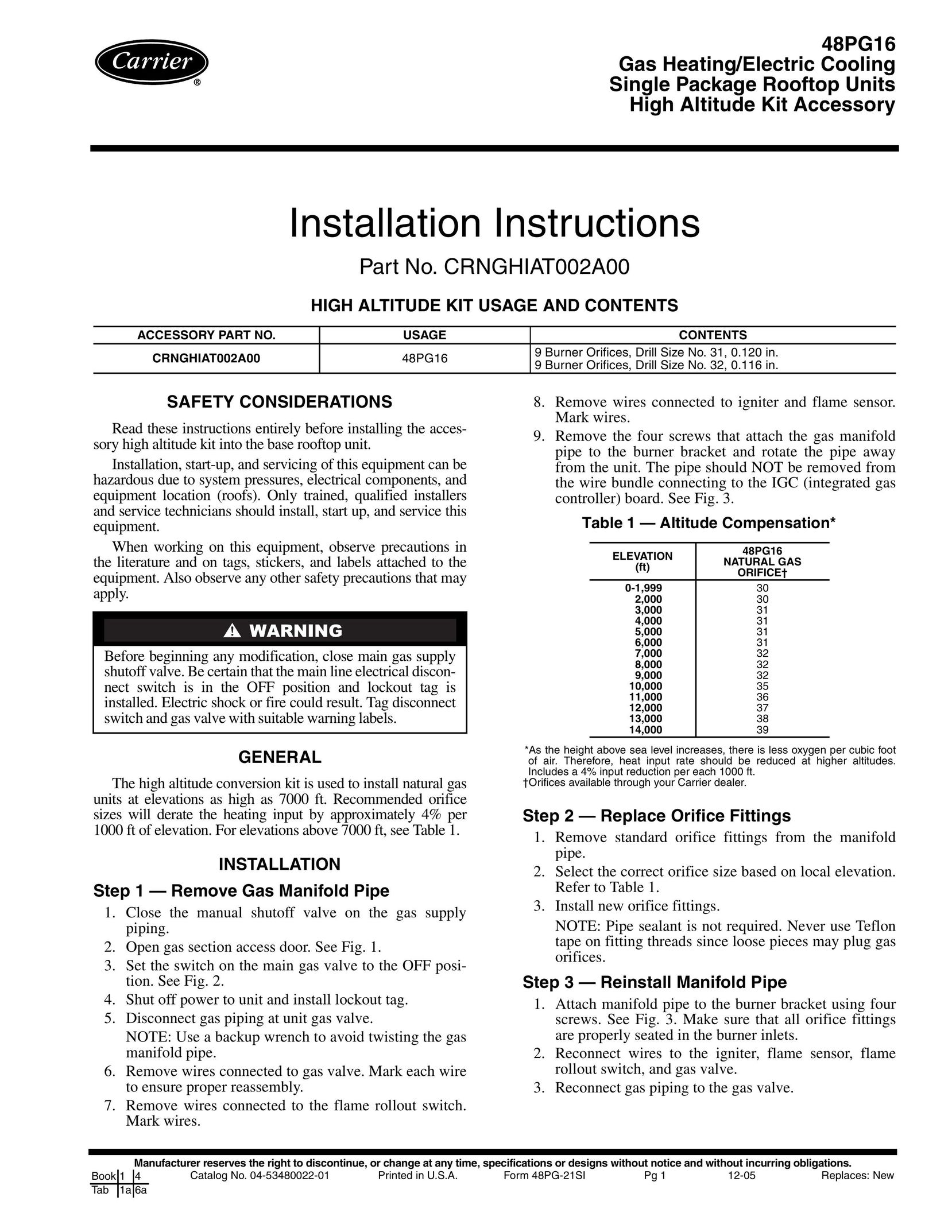 Carrier 48PG16 Gas Heater User Manual