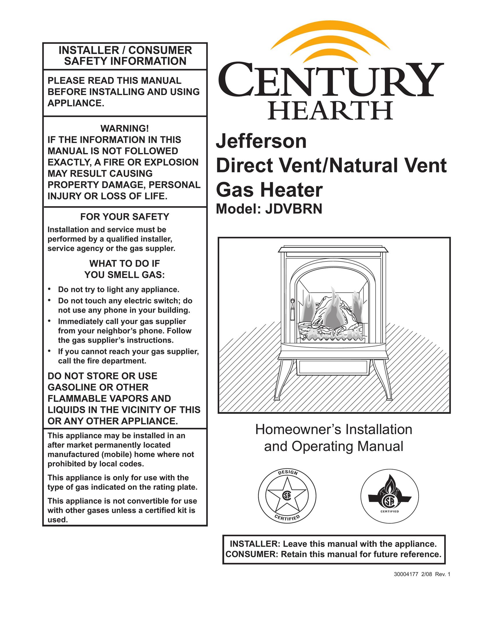 Century Jefferson Gas Heater User Manual