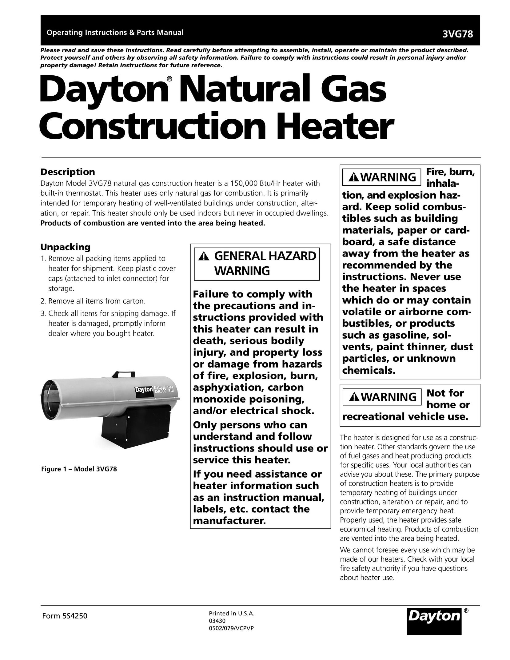 Dayton 3VG78 Gas Heater User Manual