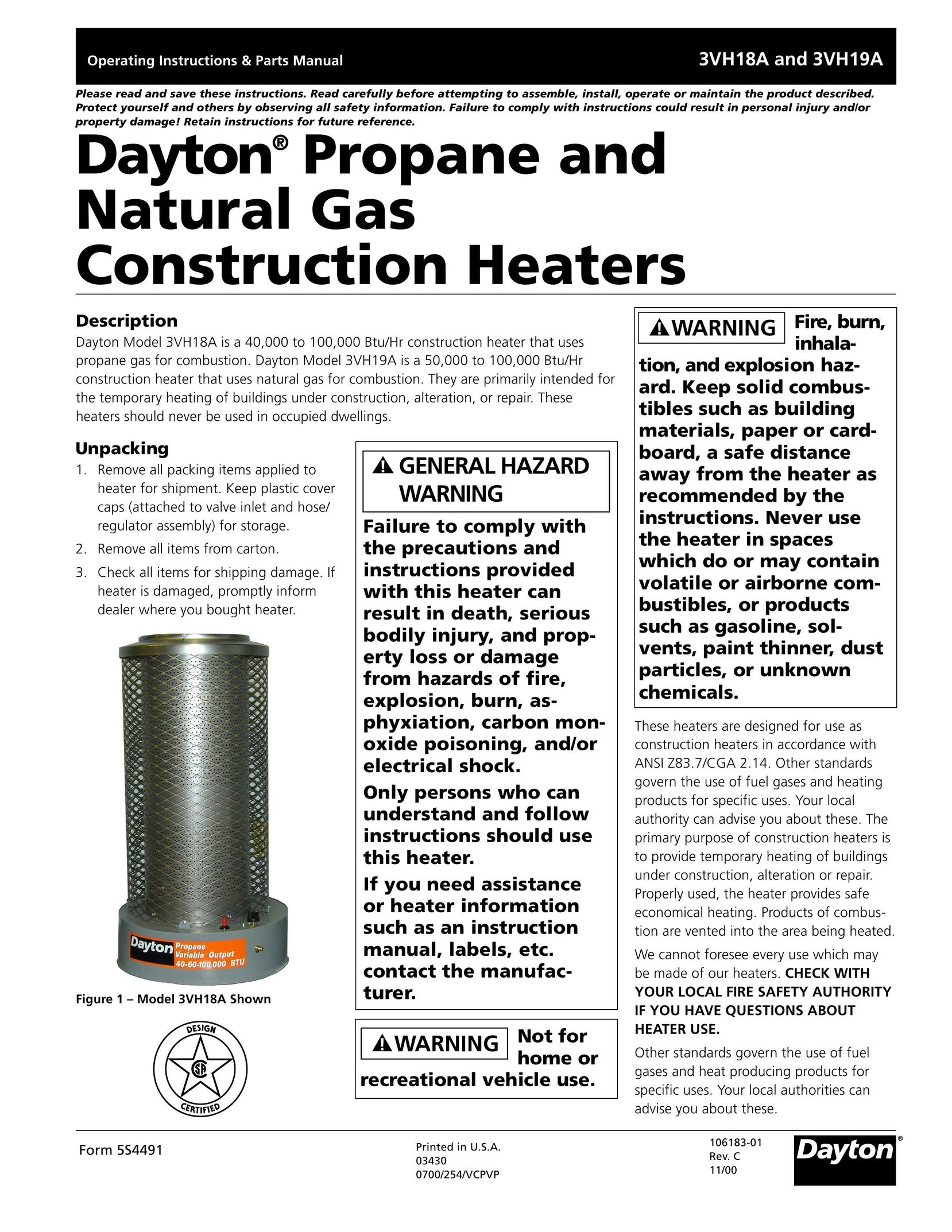 Dayton 3VH18A Gas Heater User Manual