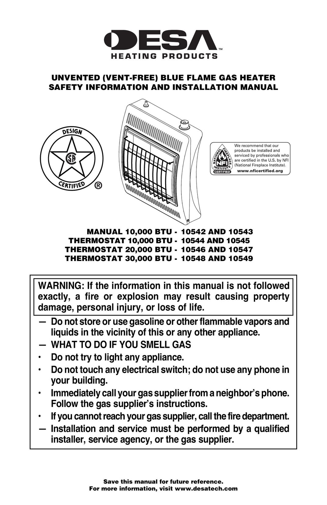 Desa 10542 Gas Heater User Manual