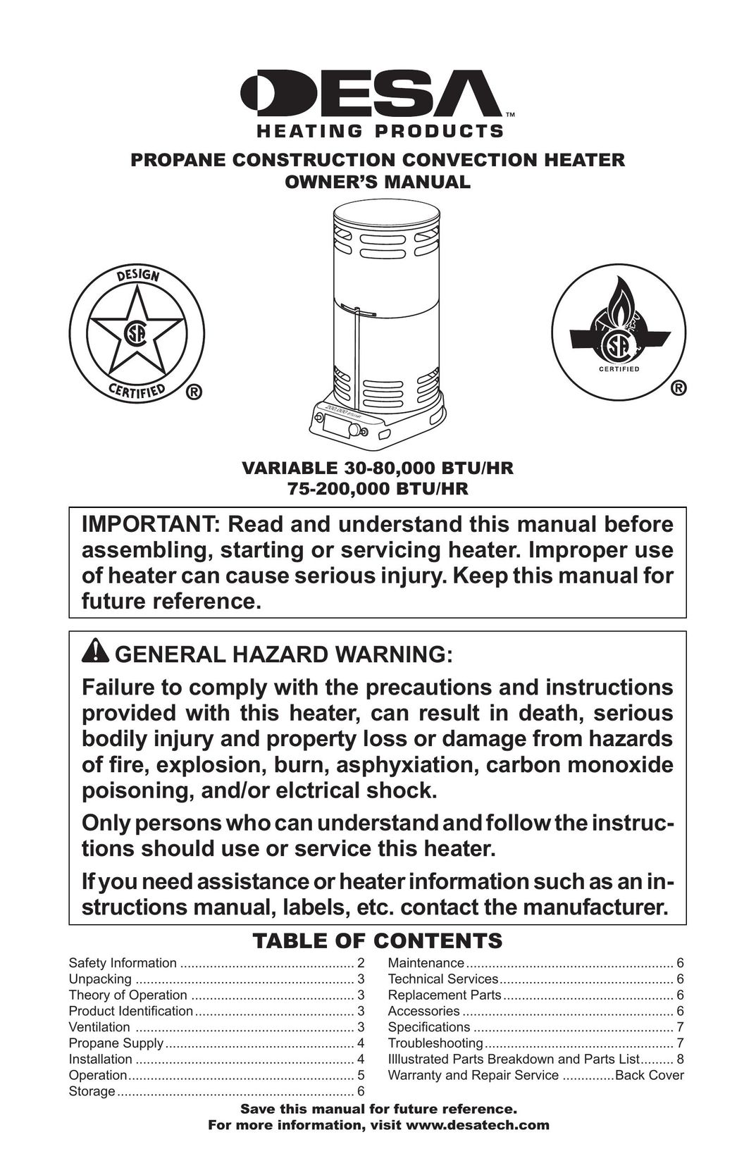 Desa 30-80 Gas Heater User Manual