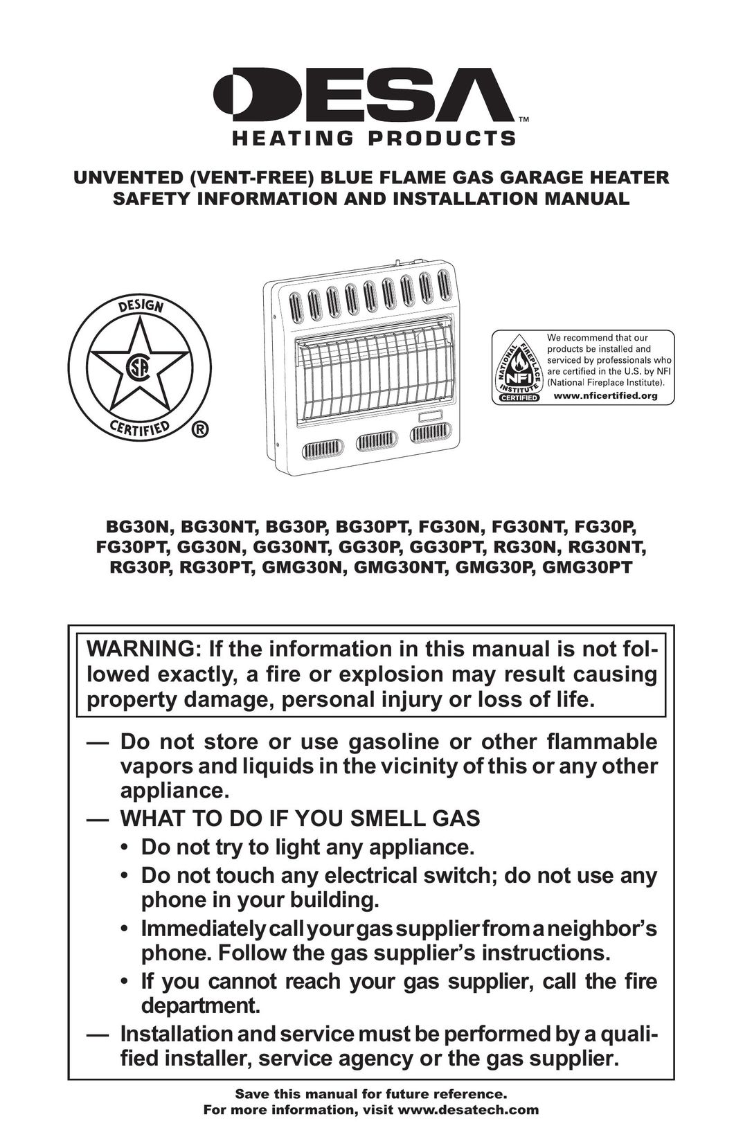 Desa BG30P Gas Heater User Manual
