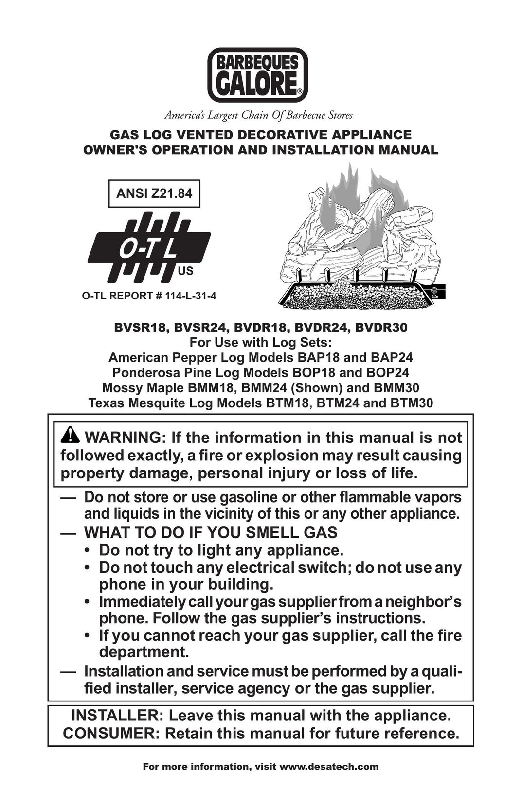 Desa BVDR18 Gas Heater User Manual