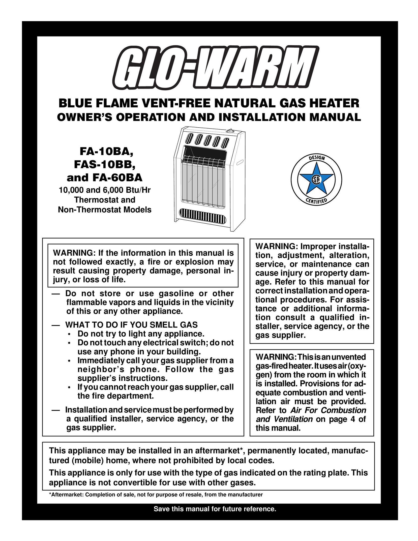Desa FA-10BA Gas Heater User Manual
