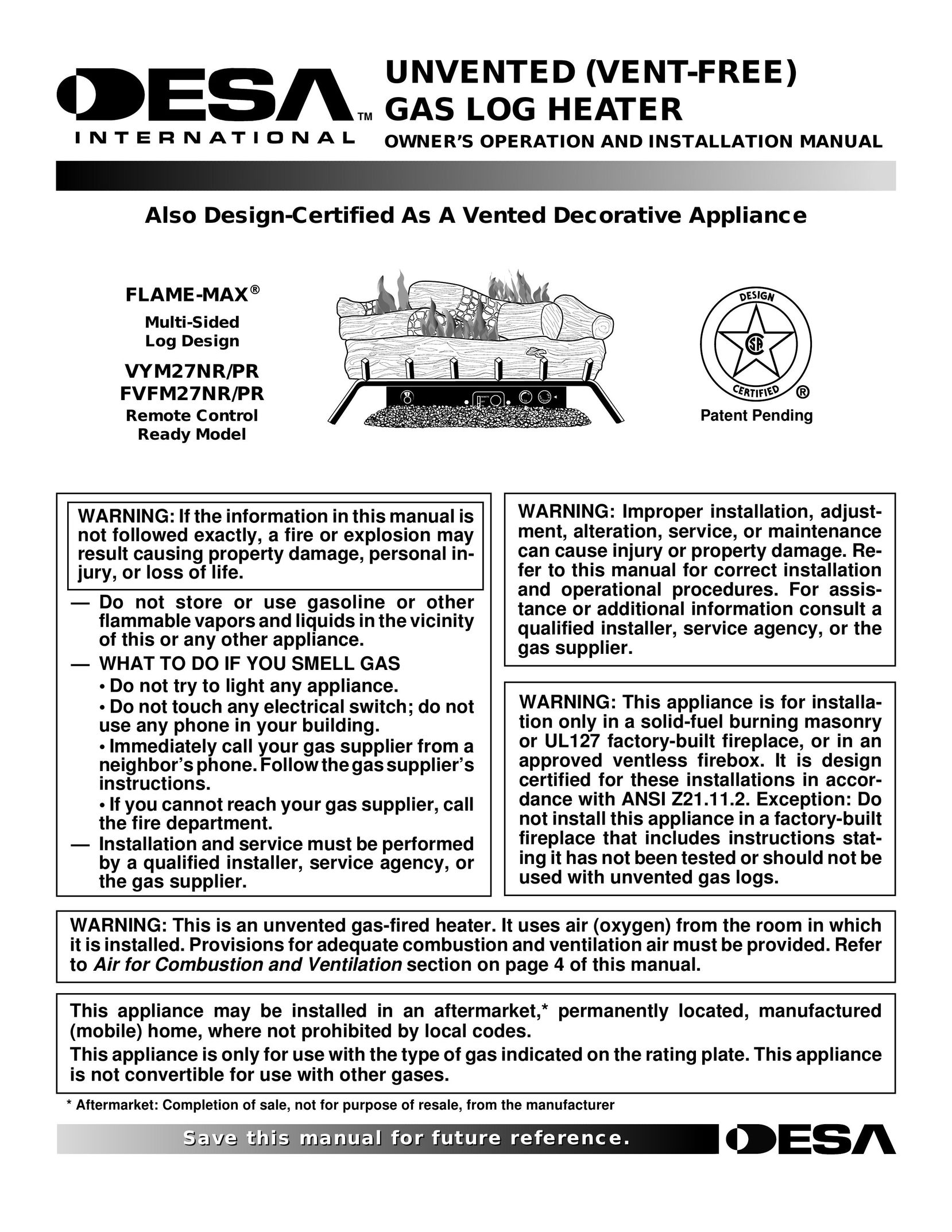 Desa FVFM27NR/PR Gas Heater User Manual