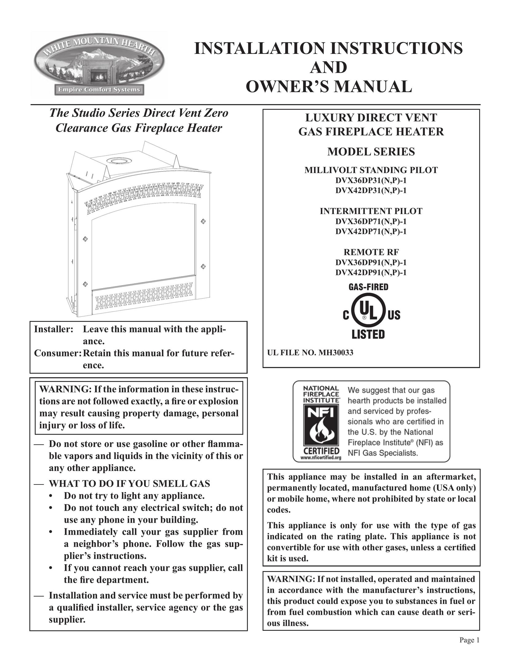 Empire Comfort Systems DVX36DP31(N,P)-1 Gas Heater User Manual