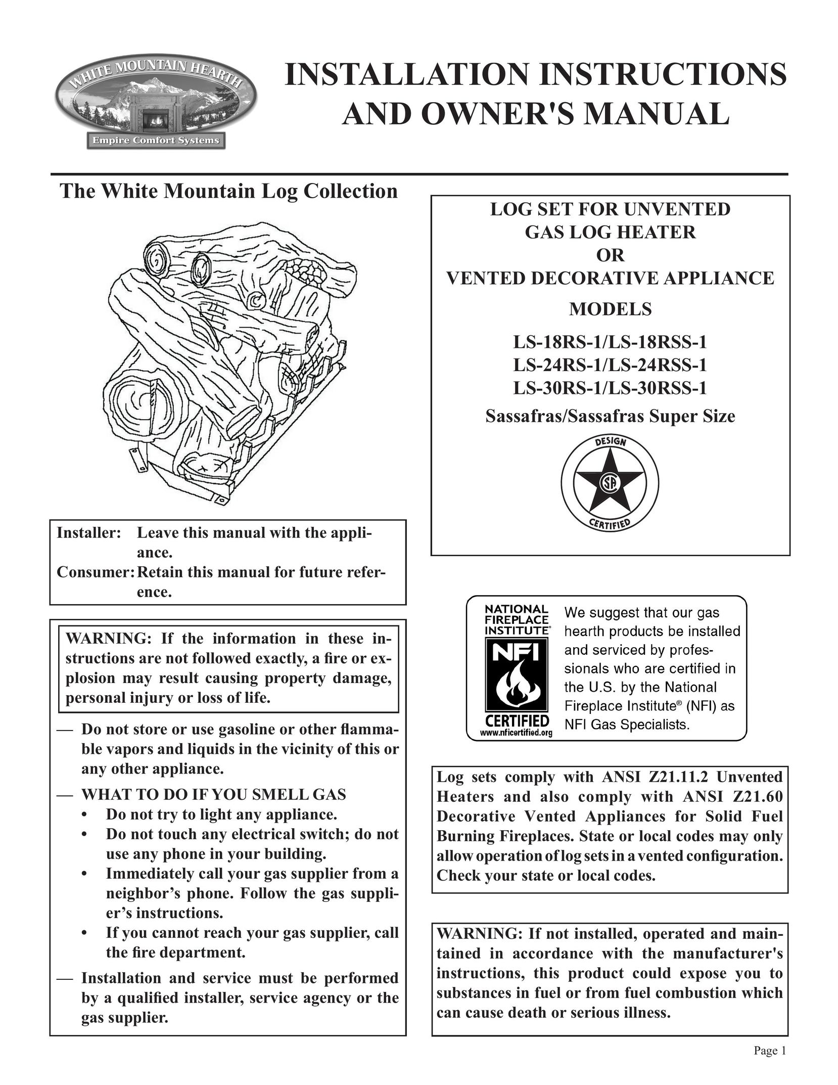 Empire Comfort Systems LS-18RSS-1 Gas Heater User Manual