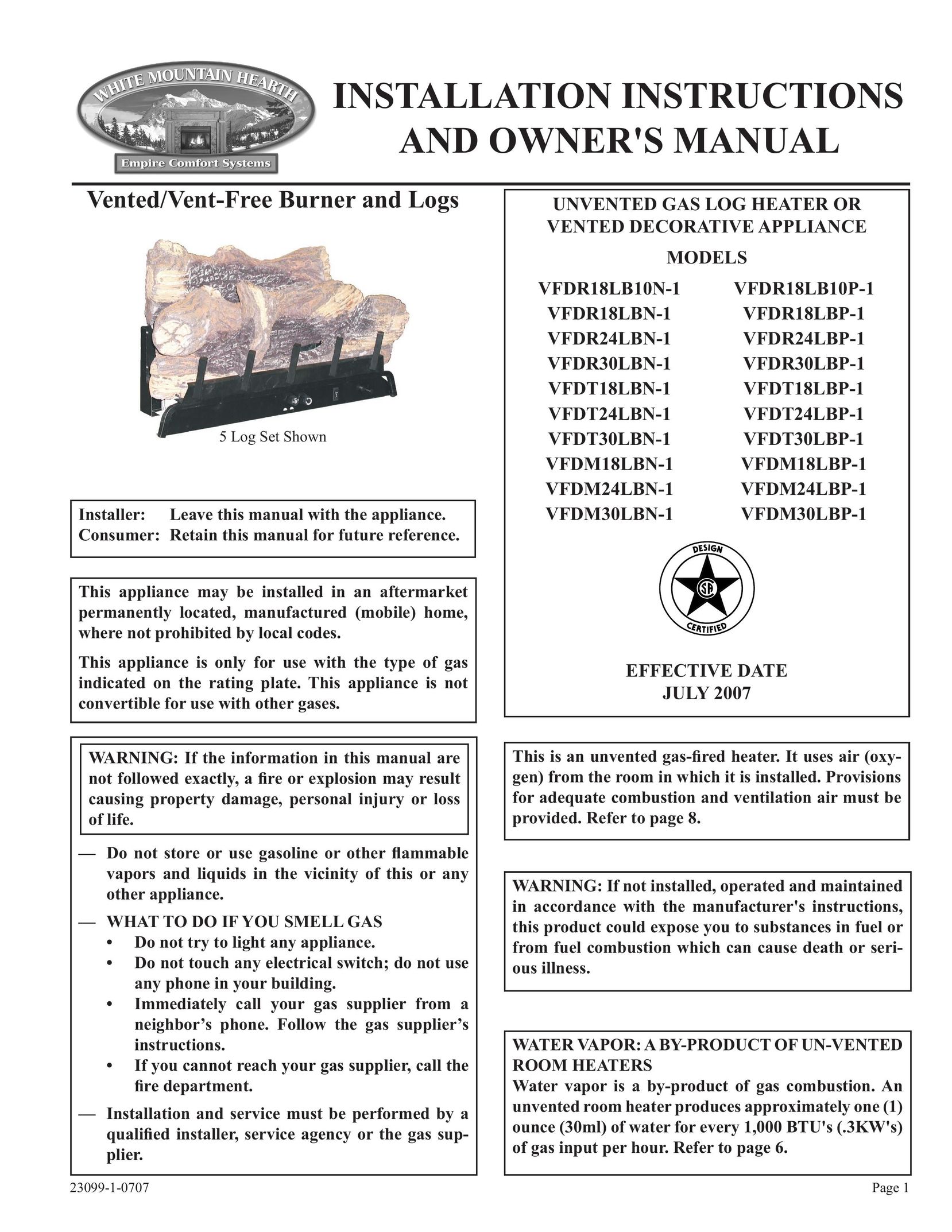 Empire Comfort Systems VFDM18LBN-1 Gas Heater User Manual
