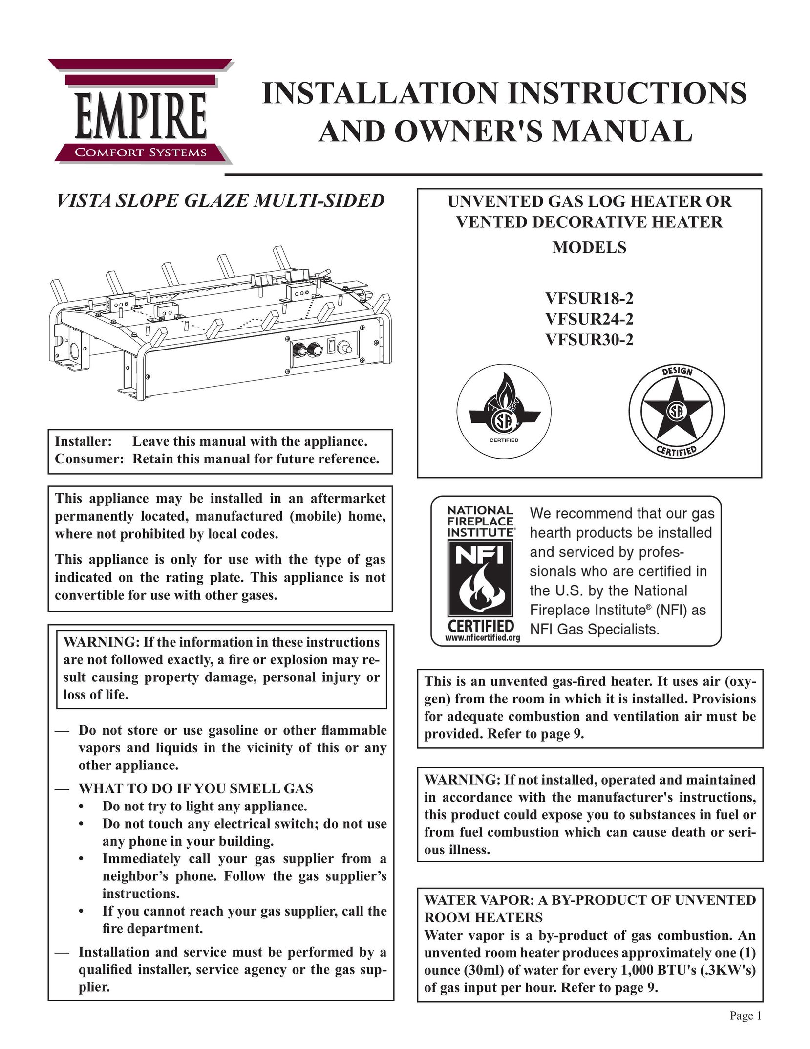 Empire Comfort Systems VFSUR18-2 Gas Heater User Manual