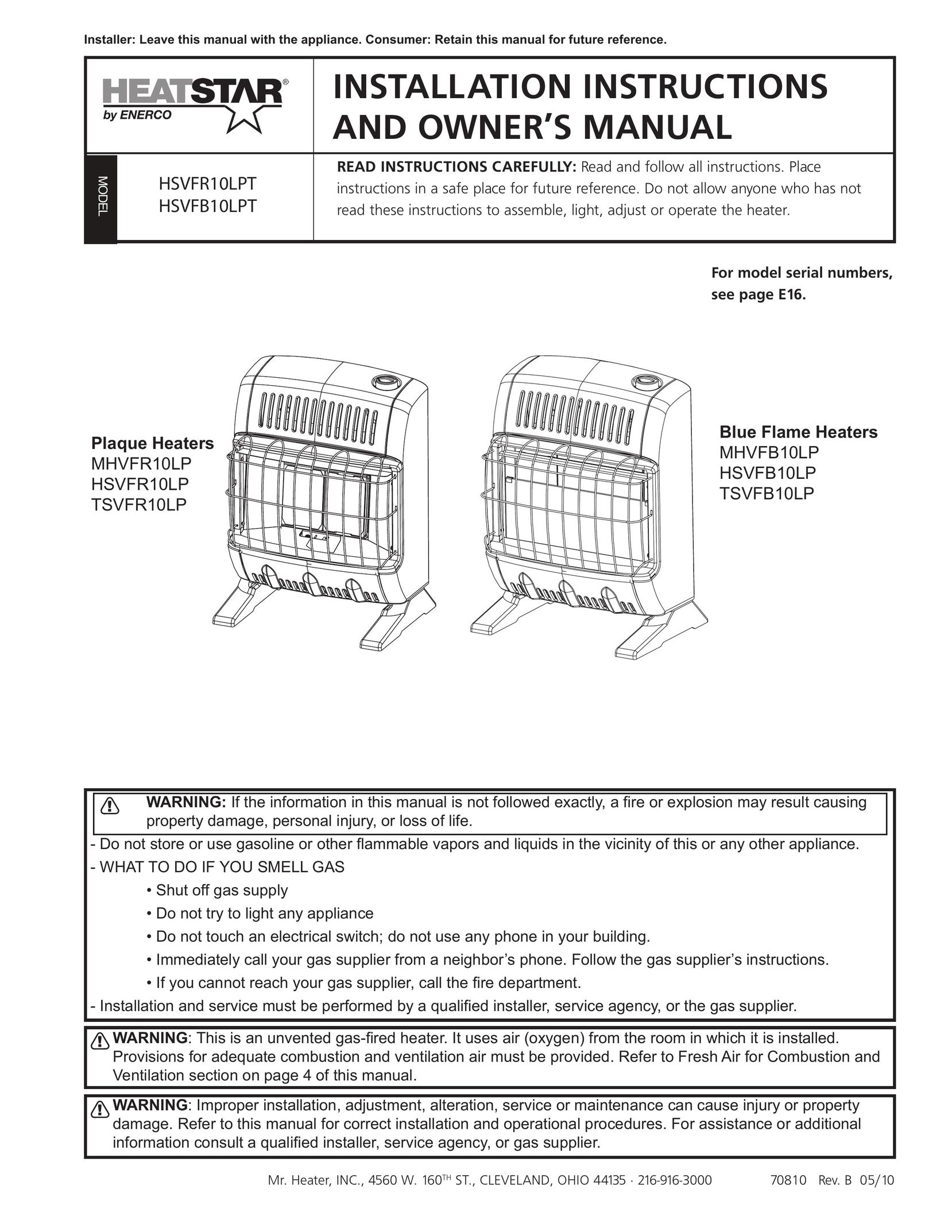 Enerco HSVFR10LPT Gas Heater User Manual
