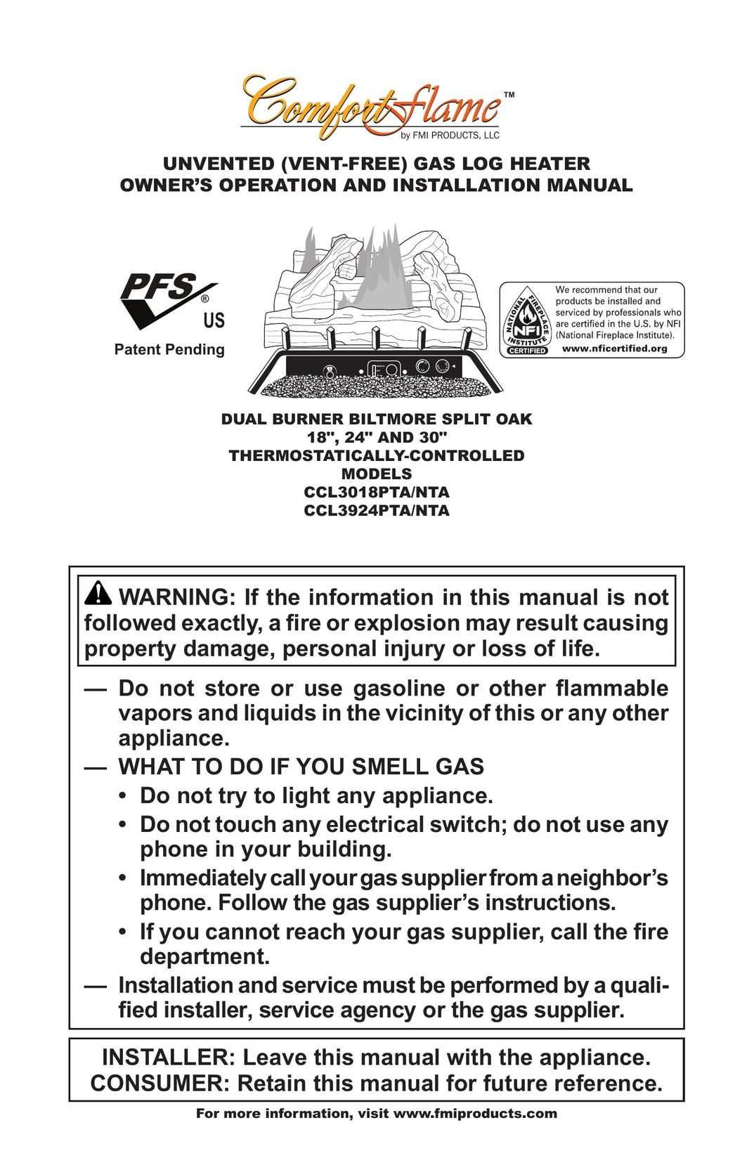 FMI CCL3924PTA/NTA Gas Heater User Manual