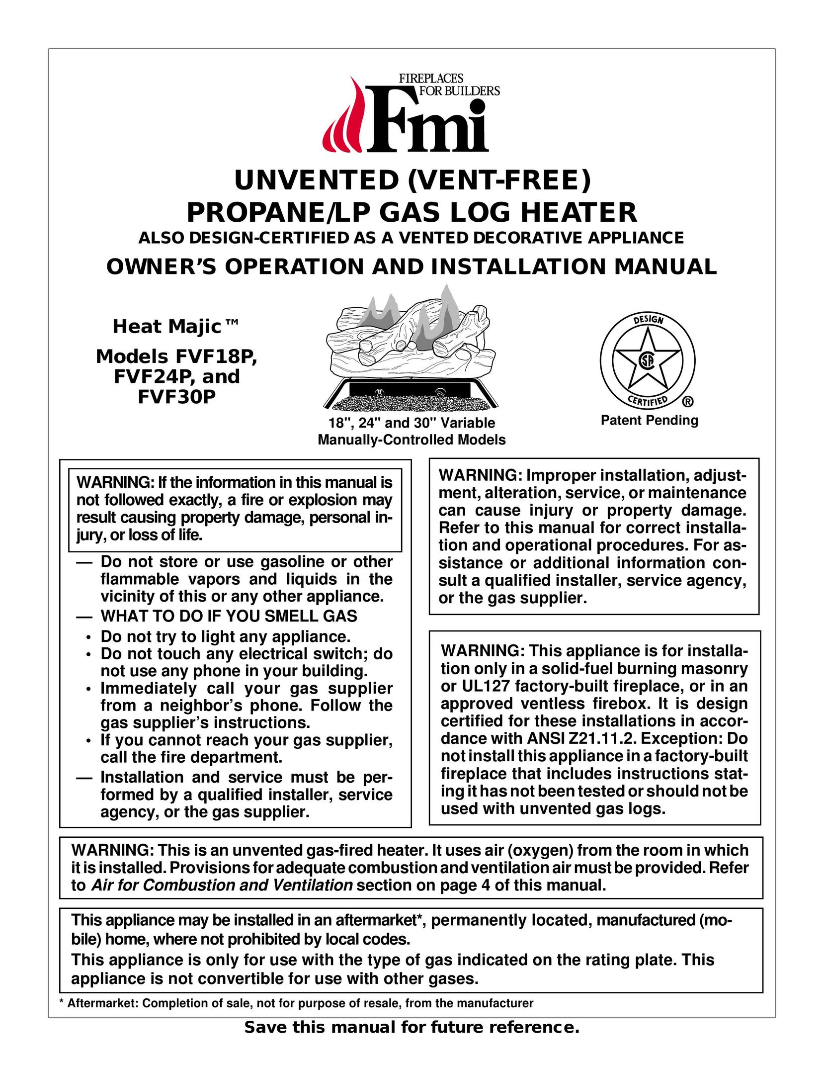FMI FVF18P Gas Heater User Manual