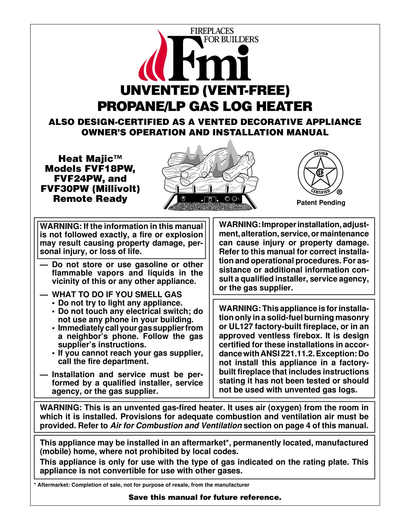 FMI FVF18PW Gas Heater User Manual