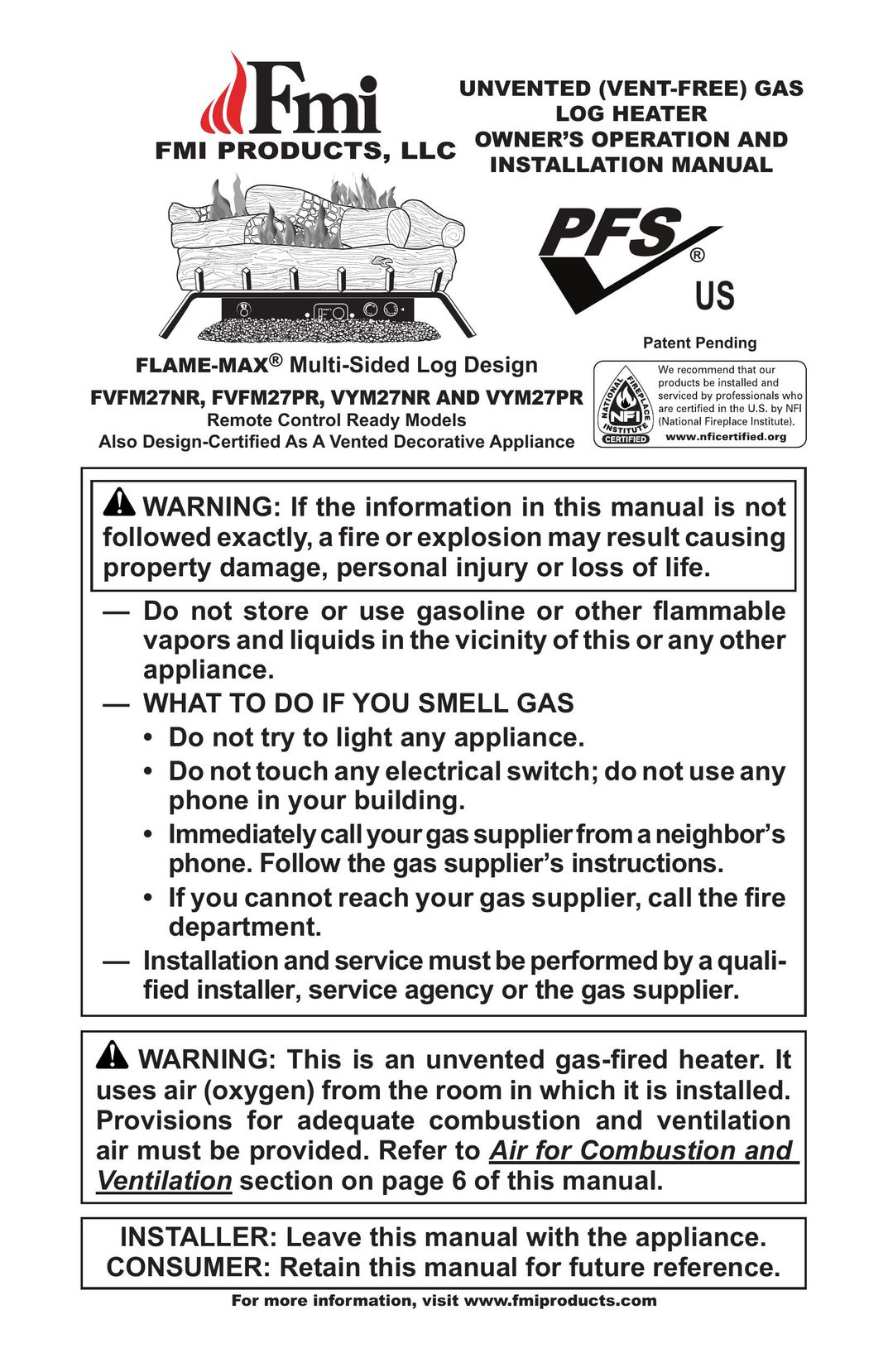 FMI FVFM27NR Gas Heater User Manual