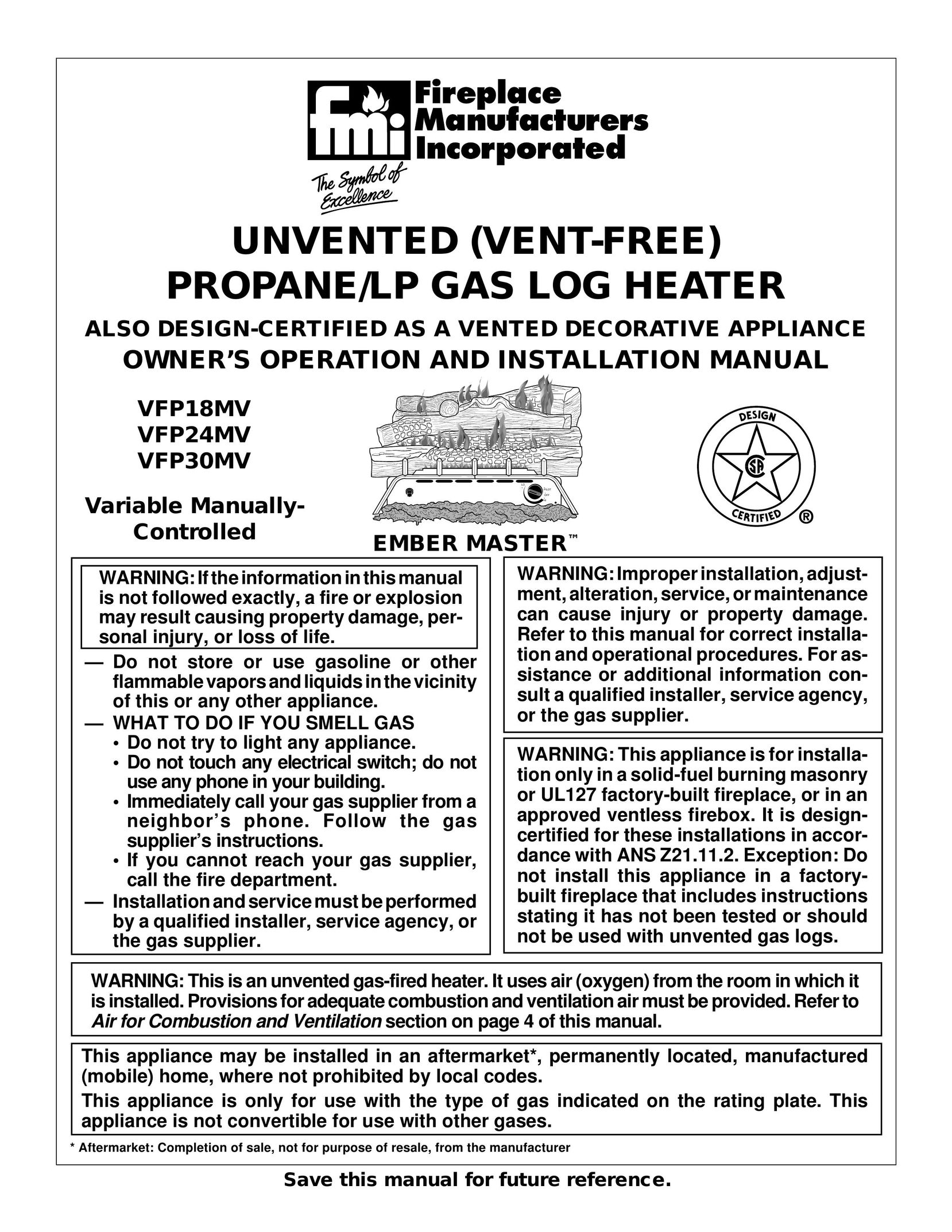 FMI VFP30MV Gas Heater User Manual