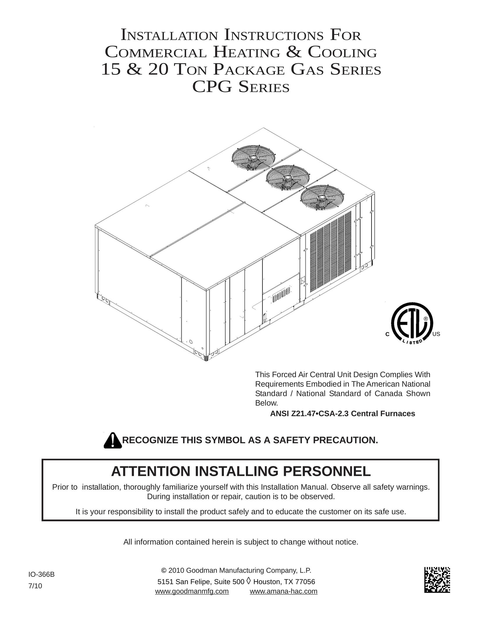 Goodman Mfg ANSI Z21.47CSA-2.3 Gas Heater User Manual