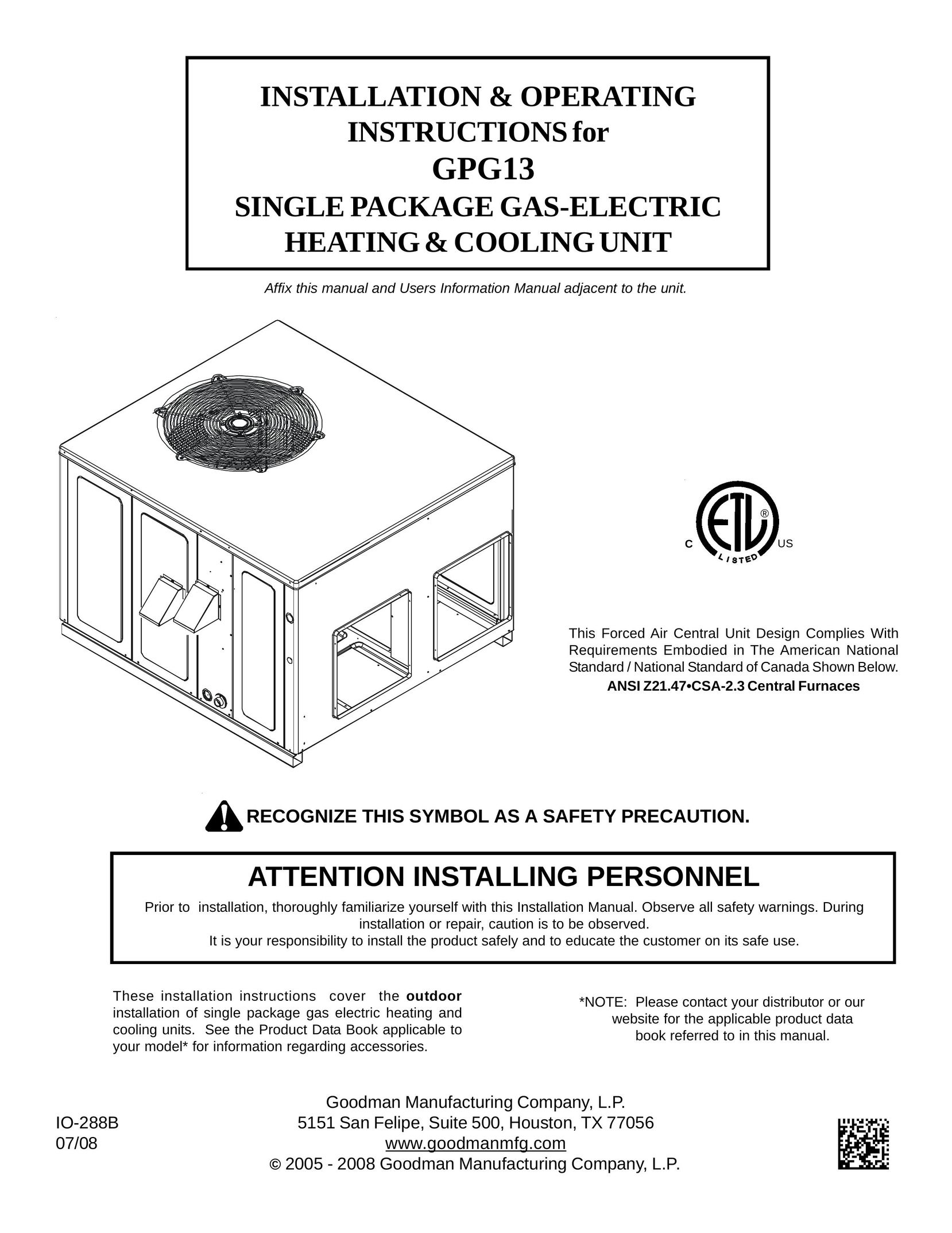 Goodman Mfg GPG13 Gas Heater User Manual