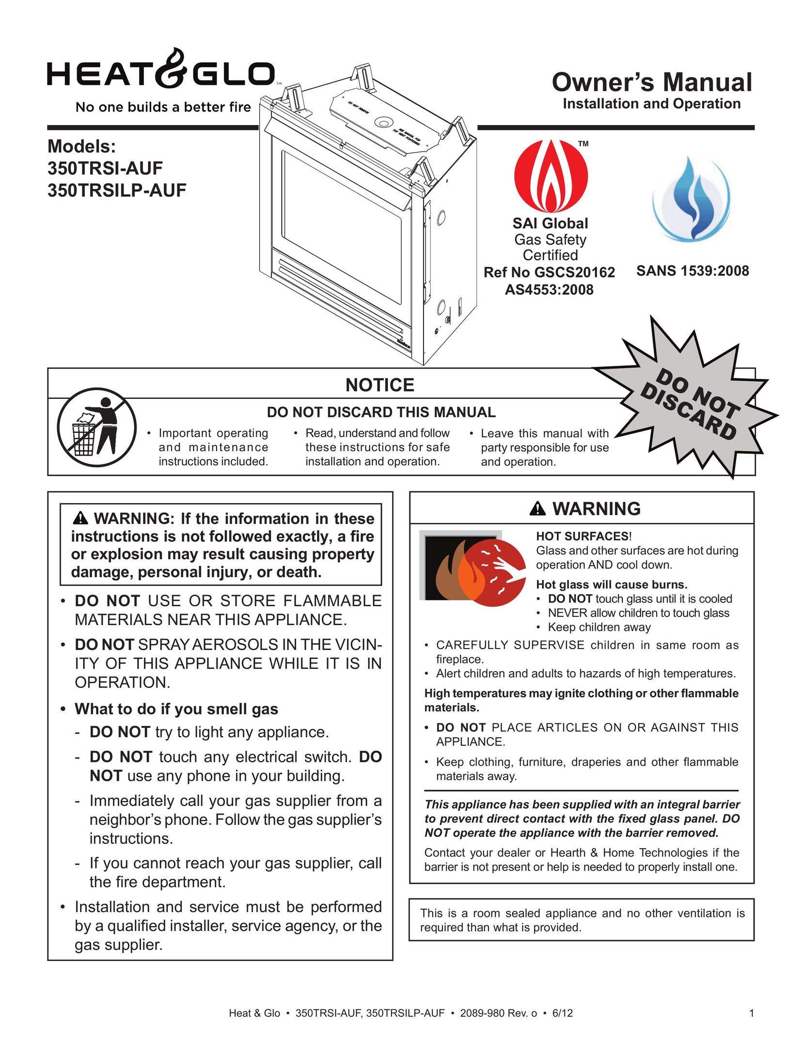Heat & Glo LifeStyle 350TRSI-AUF Gas Heater User Manual