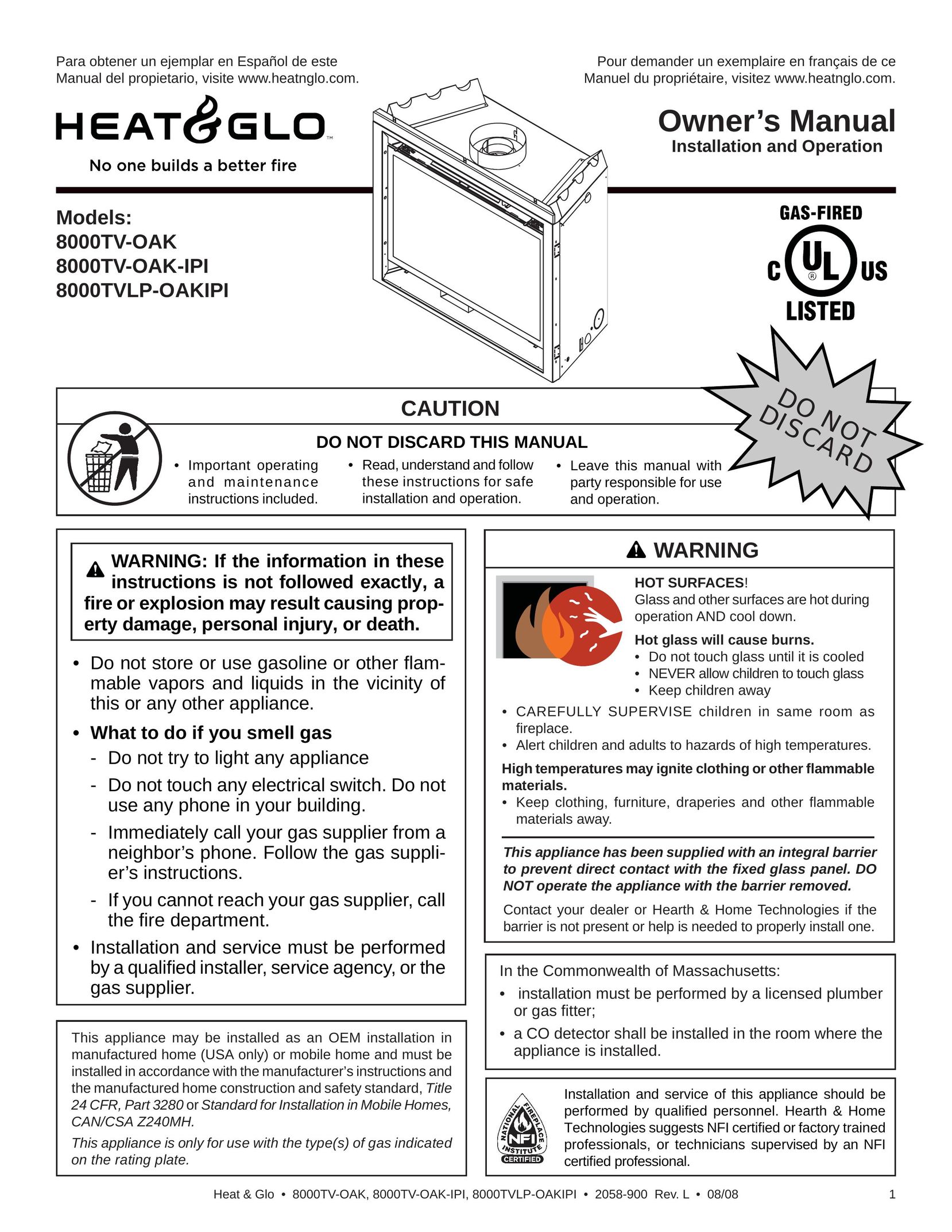 Heat & Glo LifeStyle 8000TV-OAK-IPI Gas Heater User Manual