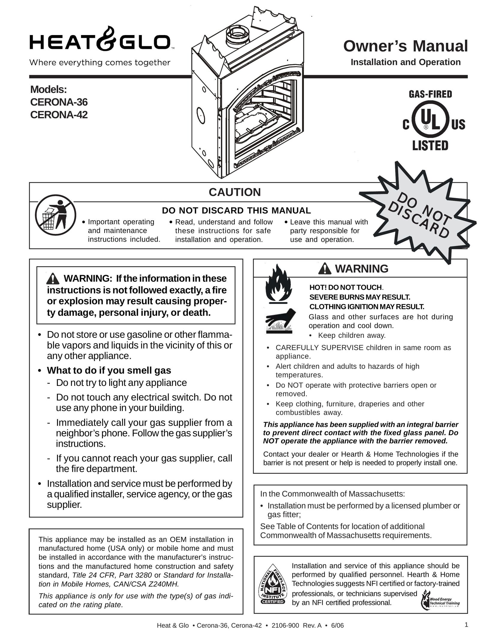 Heat & Glo LifeStyle CERONA-36 Gas Heater User Manual