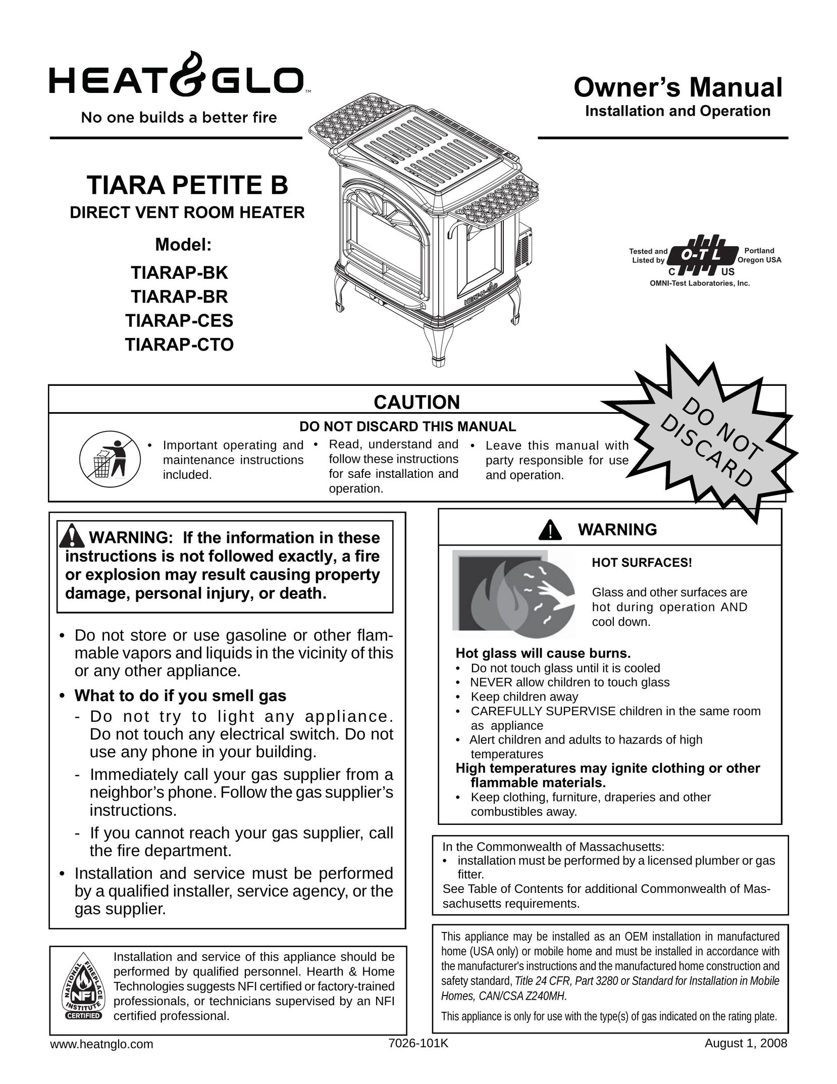 Heat & Glo LifeStyle TIARAP-BK Gas Heater User Manual