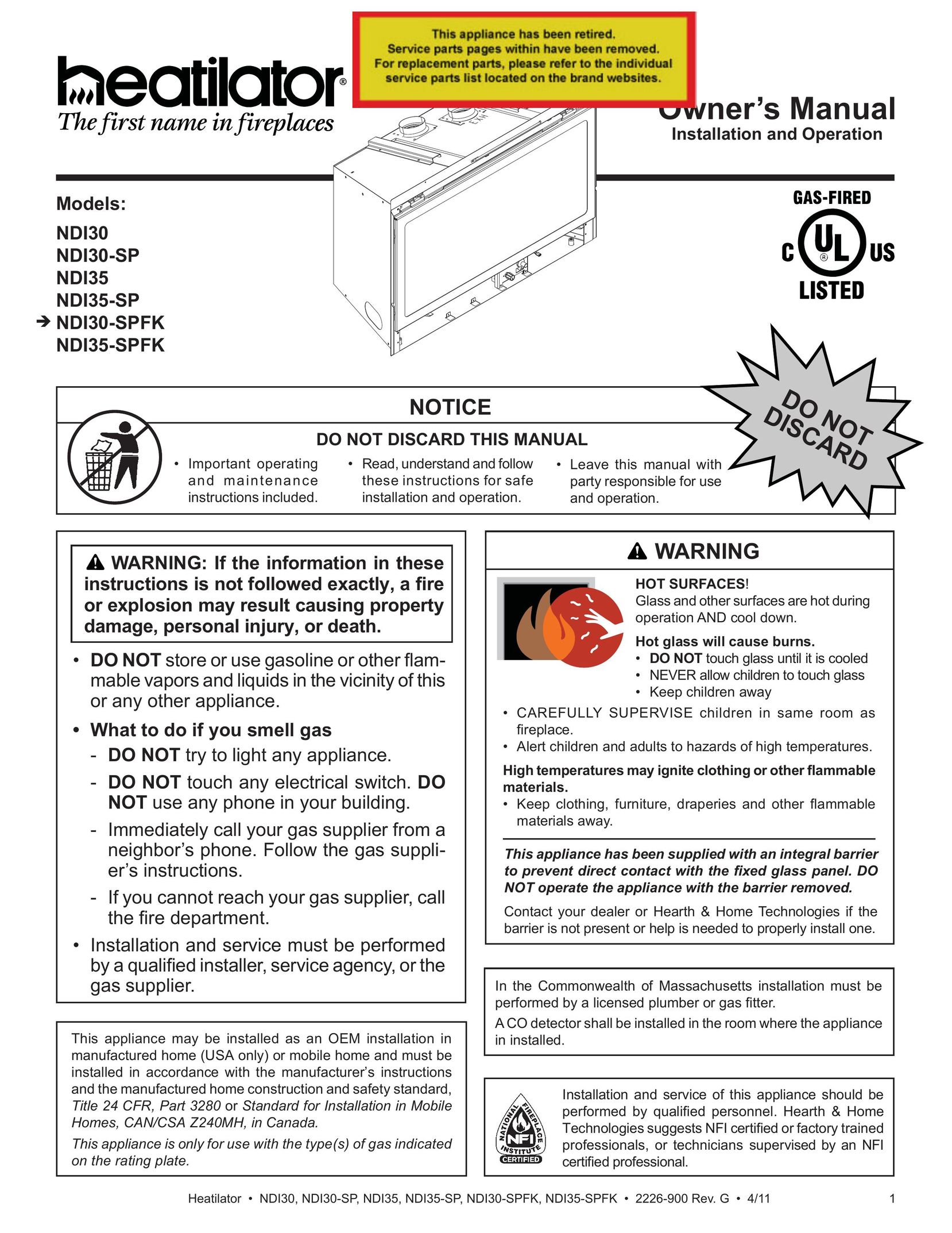 Heatiator NDI30 Gas Heater User Manual