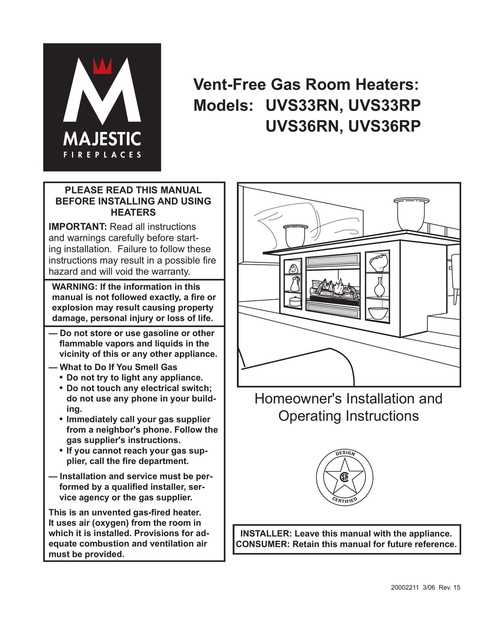 Majestic Appliances UVS36RP Gas Heater User Manual