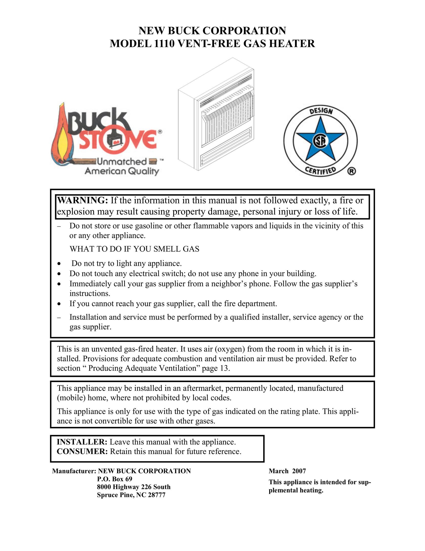 New Buck Corporation 1110 Gas Heater User Manual