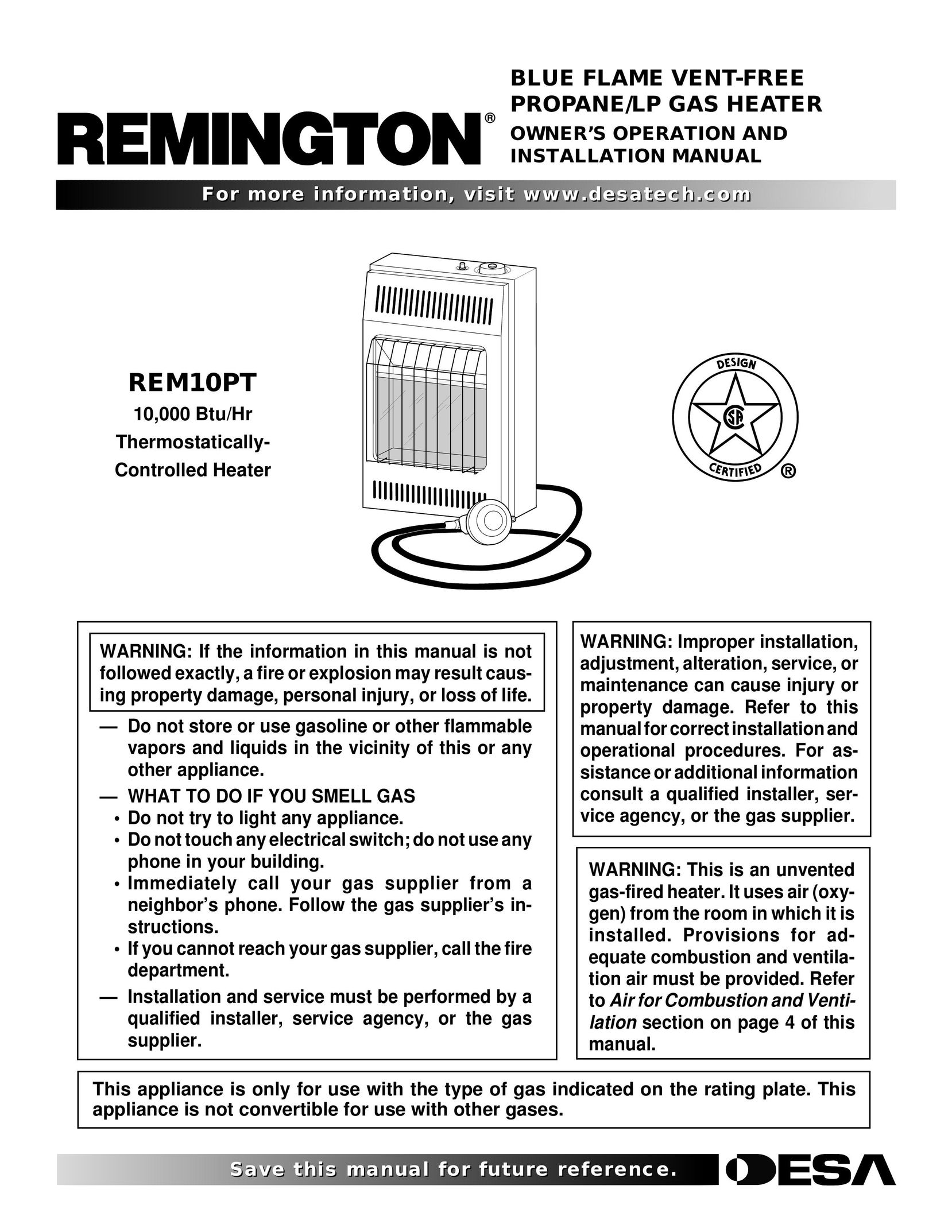 Remington REM10PT Gas Heater User Manual