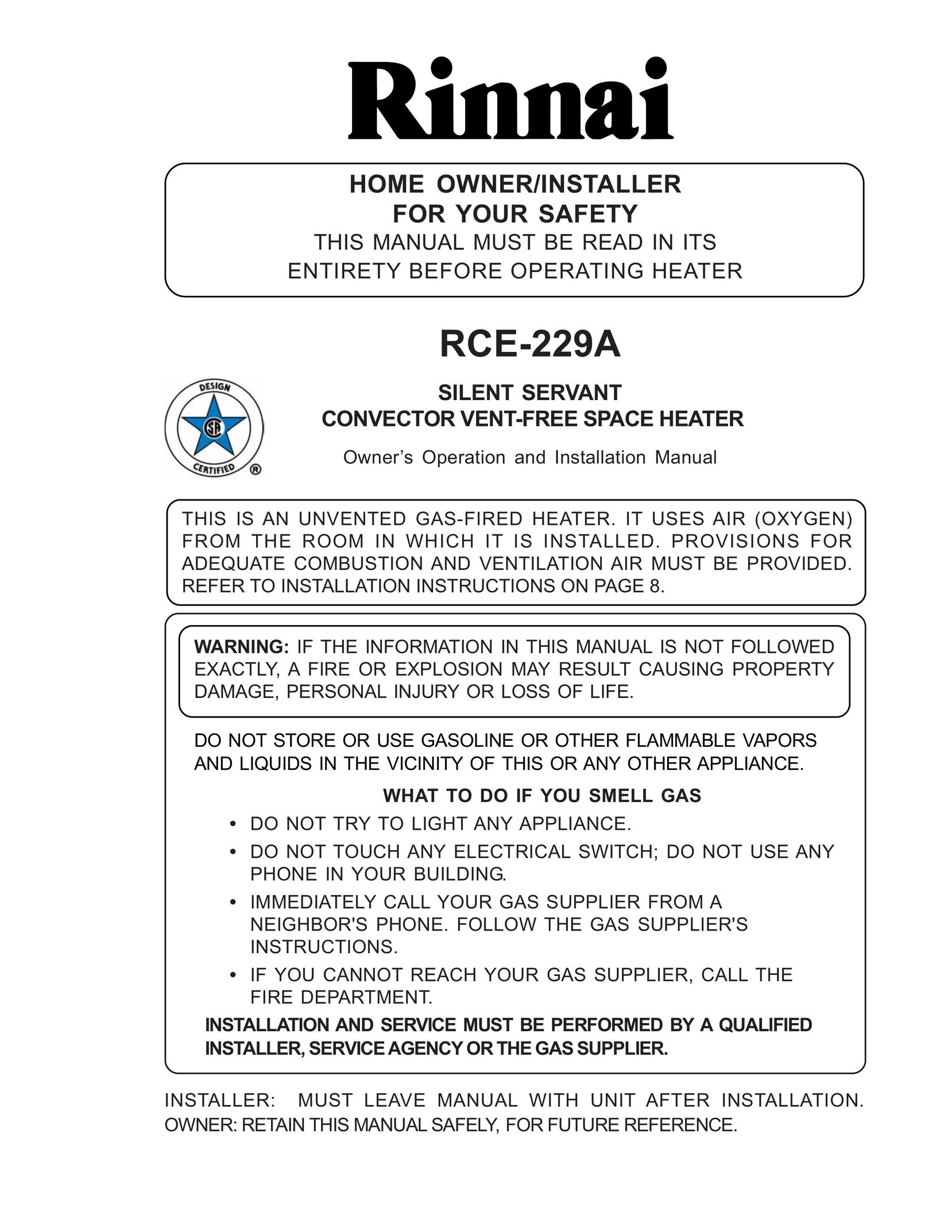 Rinnai RCE-229A Gas Heater User Manual