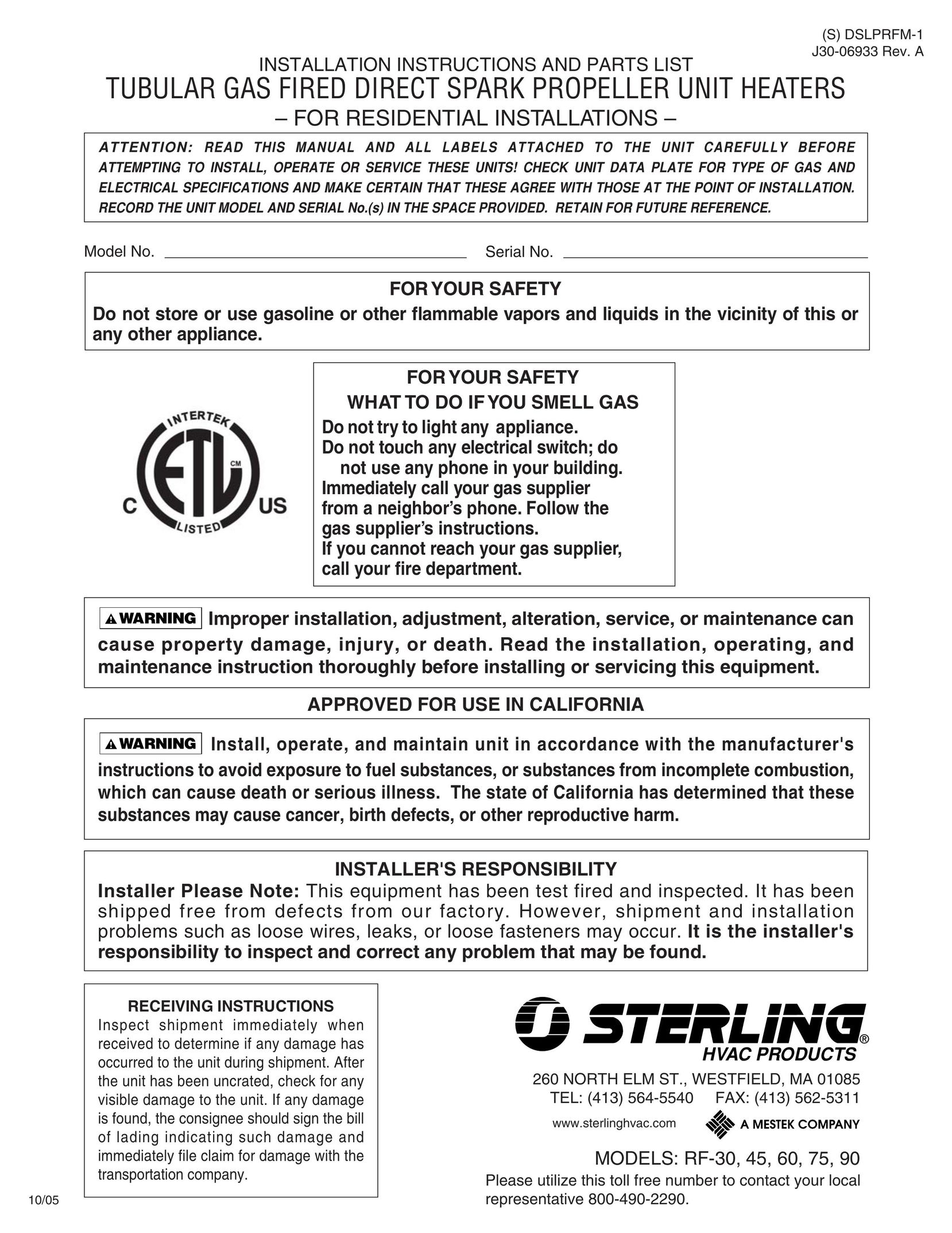 Sterling RF-30 Gas Heater User Manual