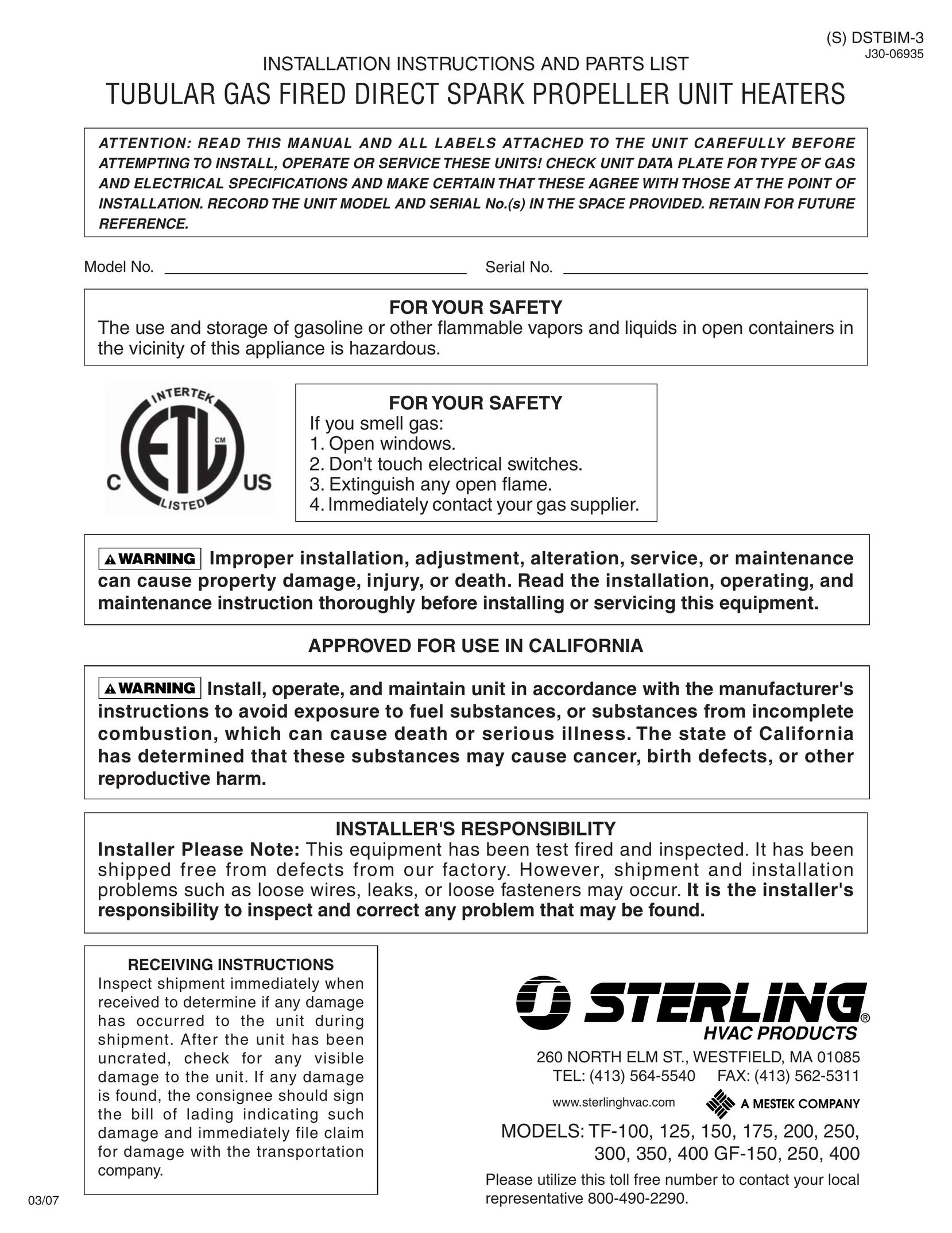 Sterling TF-100 Gas Heater User Manual