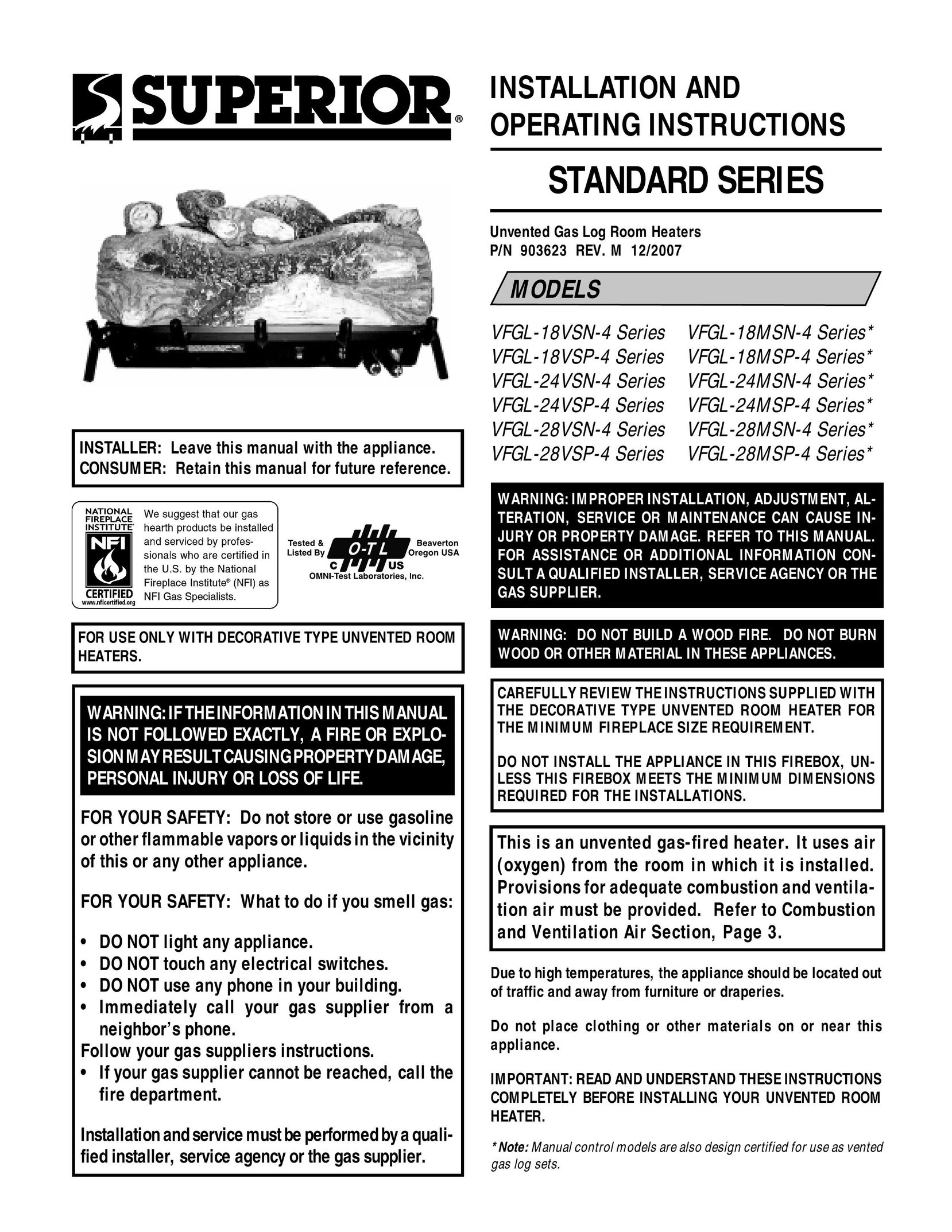 Superior VFGL-18MSN-4 SERIES* Gas Heater User Manual