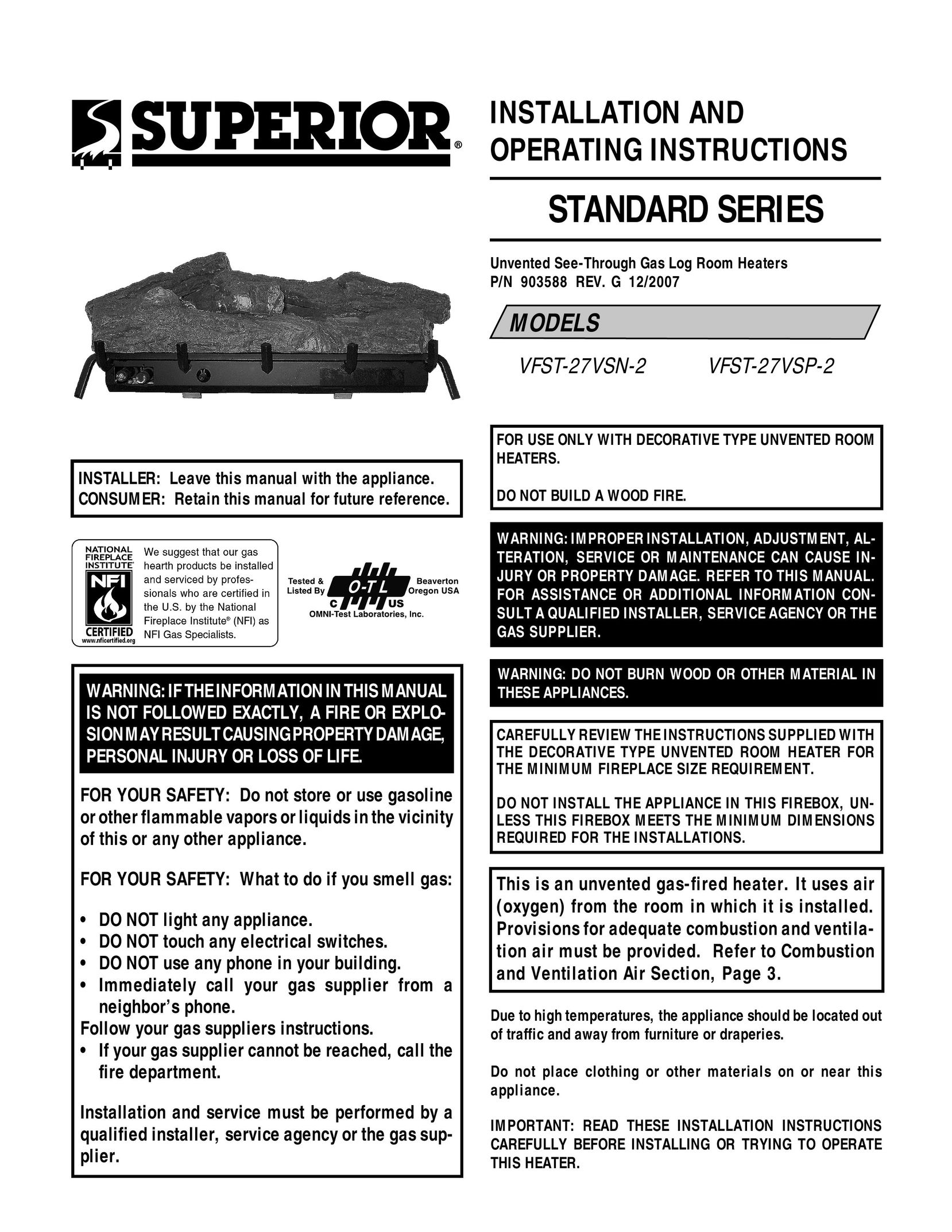 Superior VFST-27VSP-2 Gas Heater User Manual