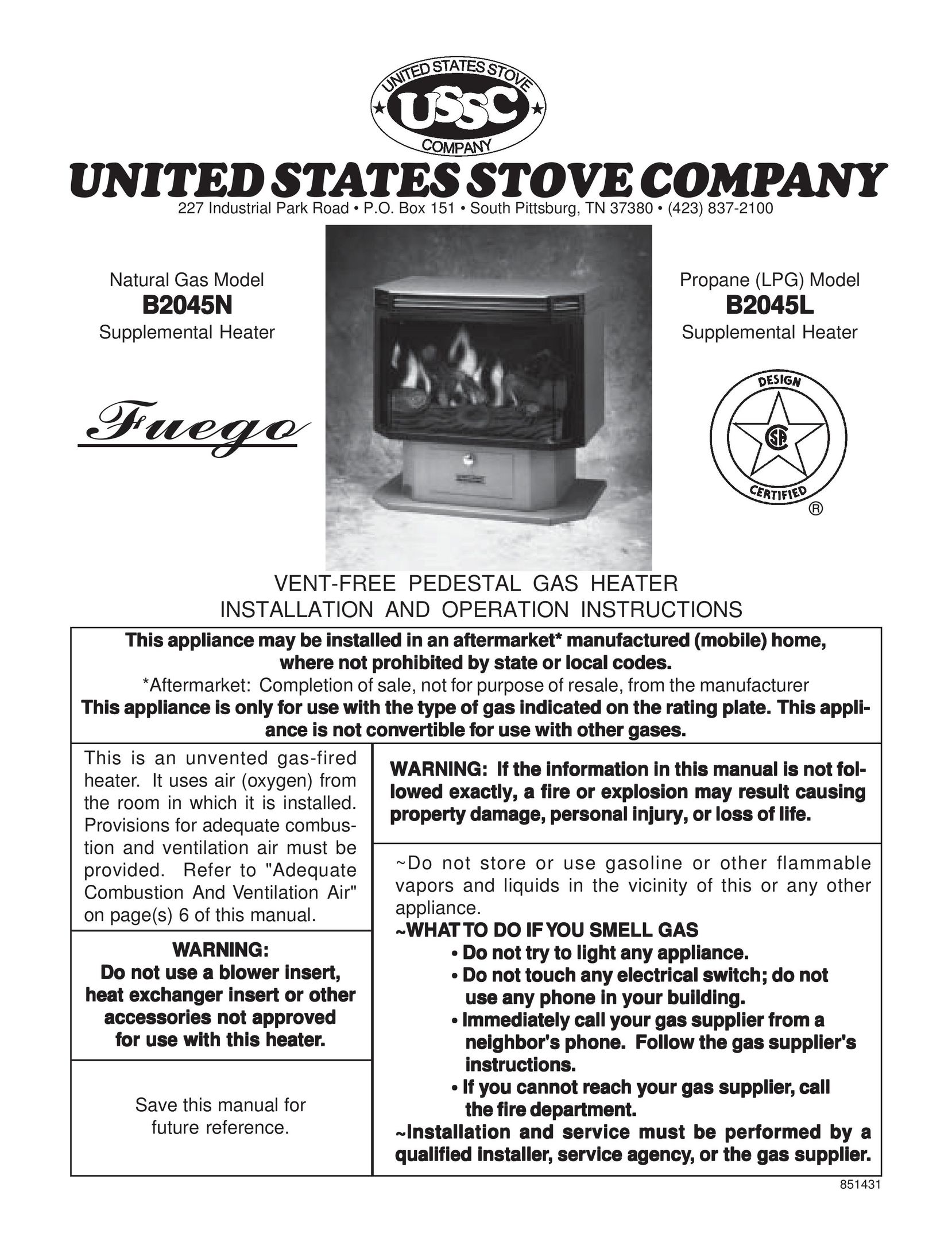United States Stove B2045L Gas Heater User Manual