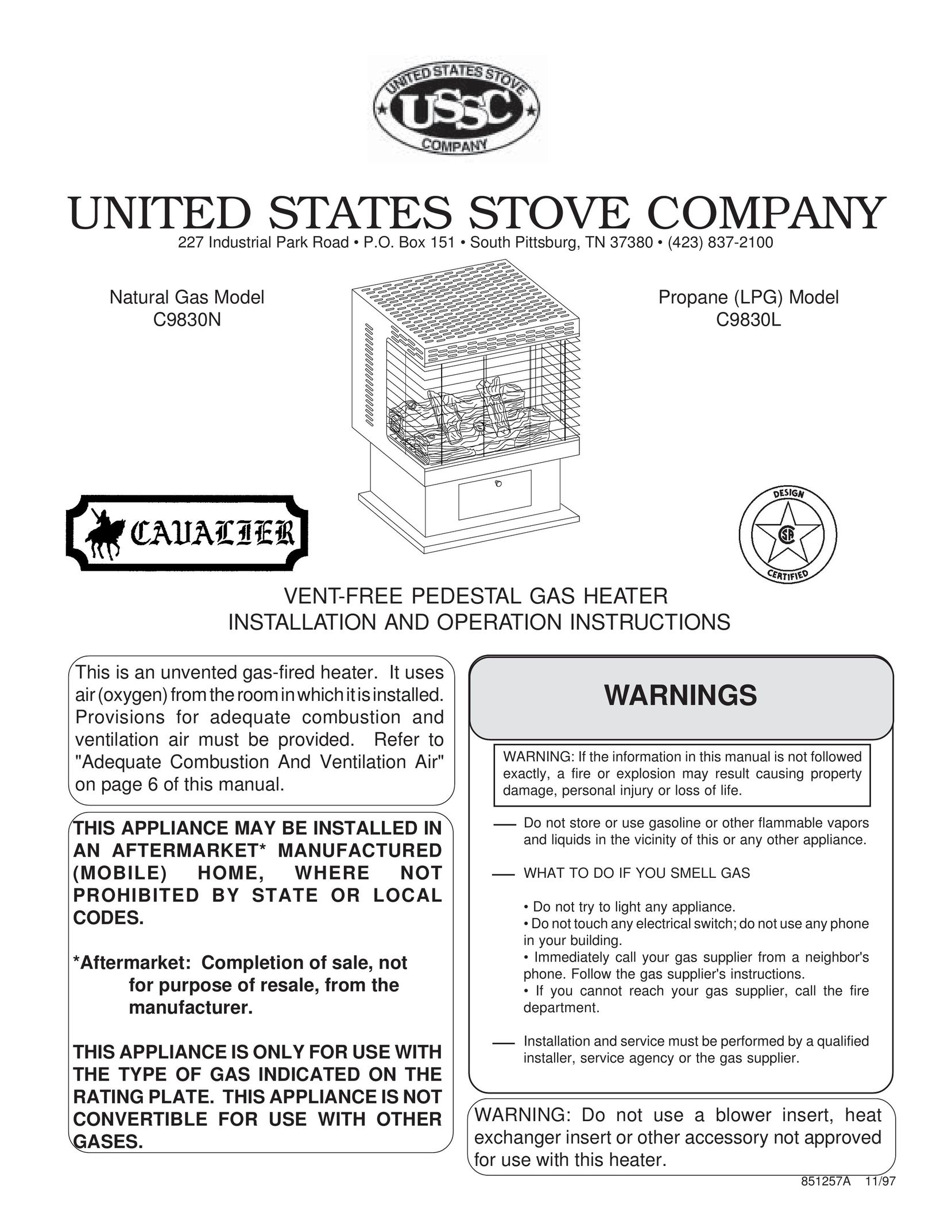 United States Stove C9830N Gas Heater User Manual