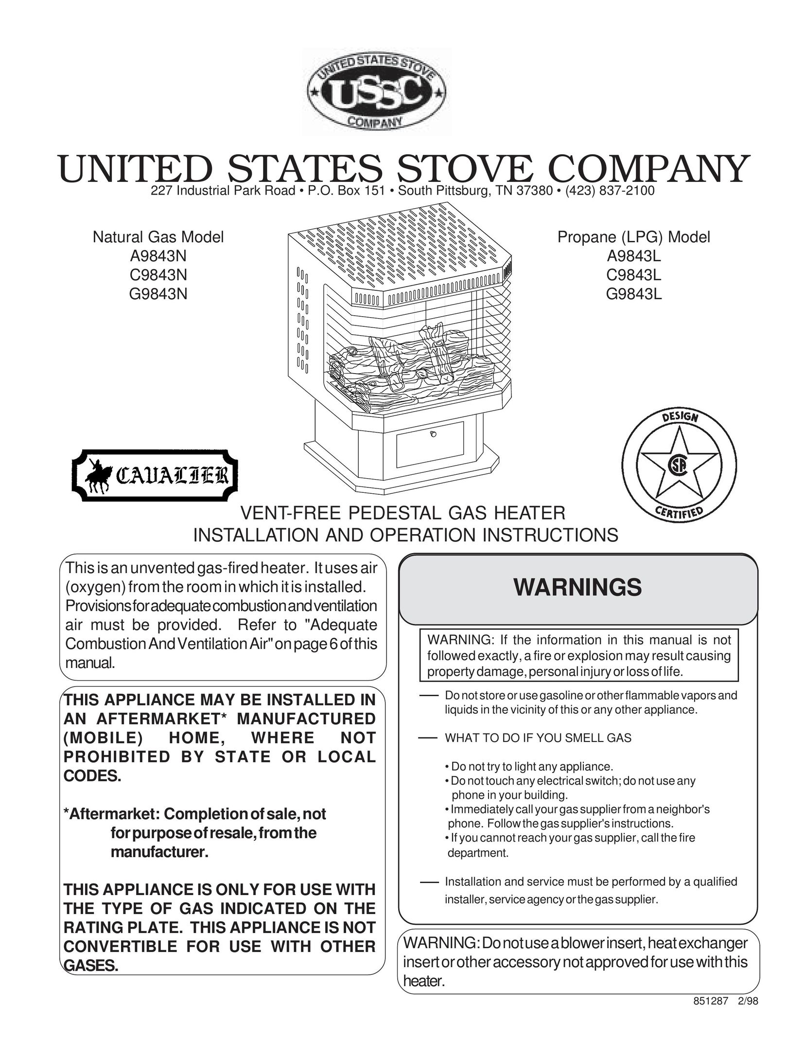 United States Stove G9843L Gas Heater User Manual