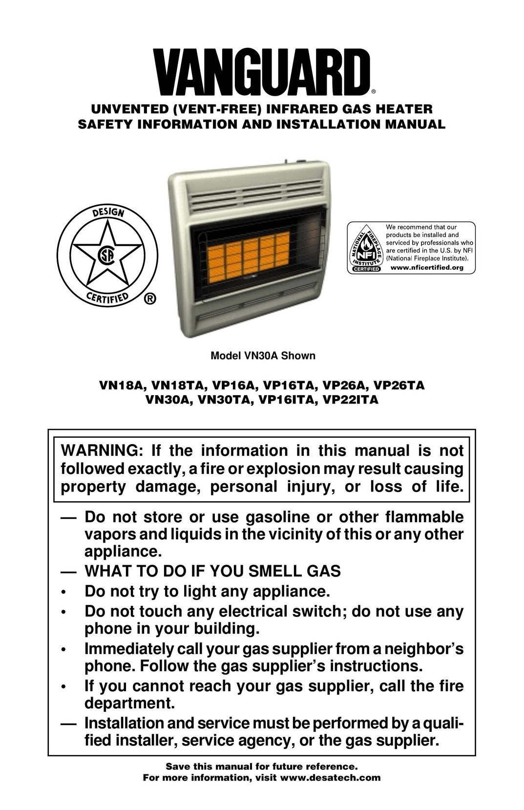 Vanguard Heating VN18TA Gas Heater User Manual