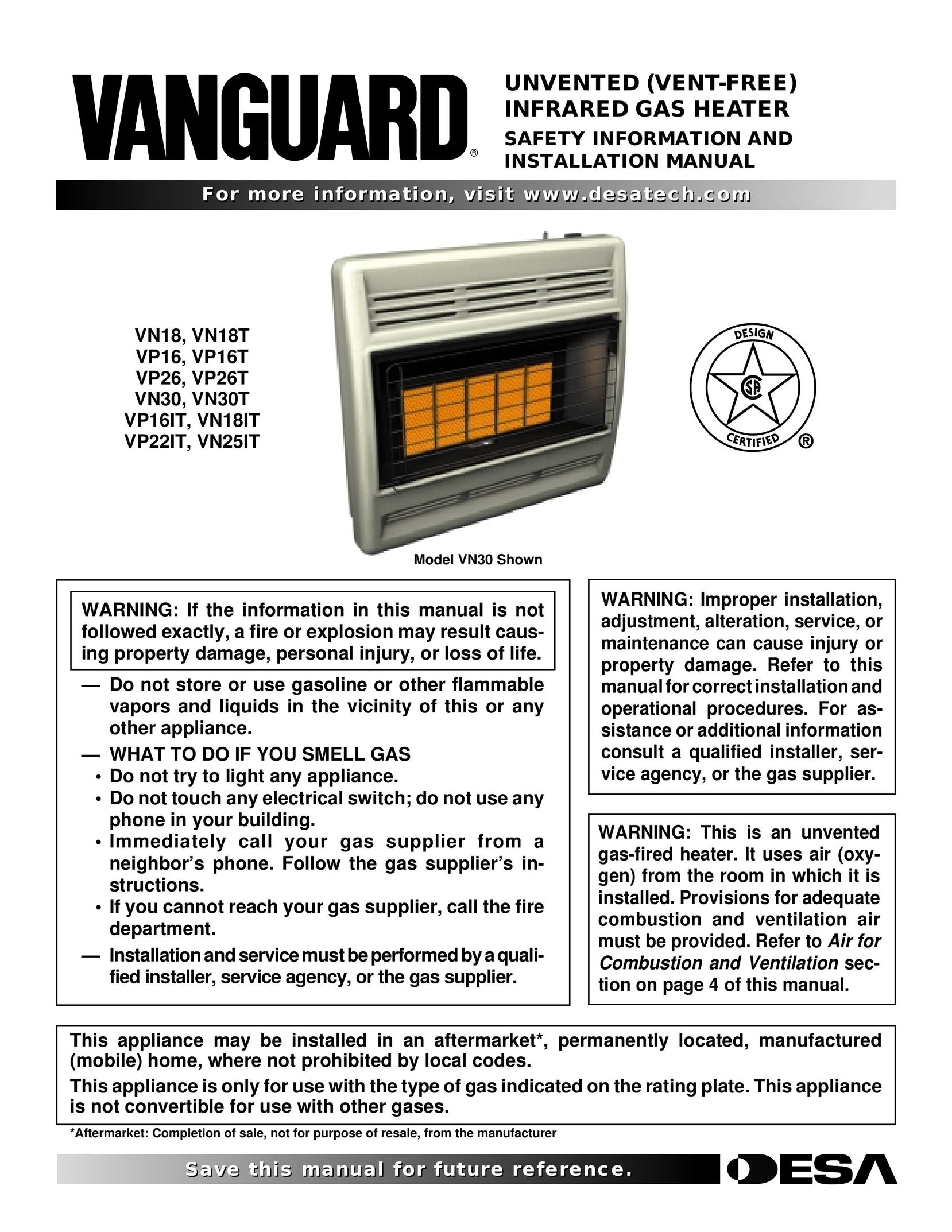 Vanguard Heating VN30 Gas Heater User Manual