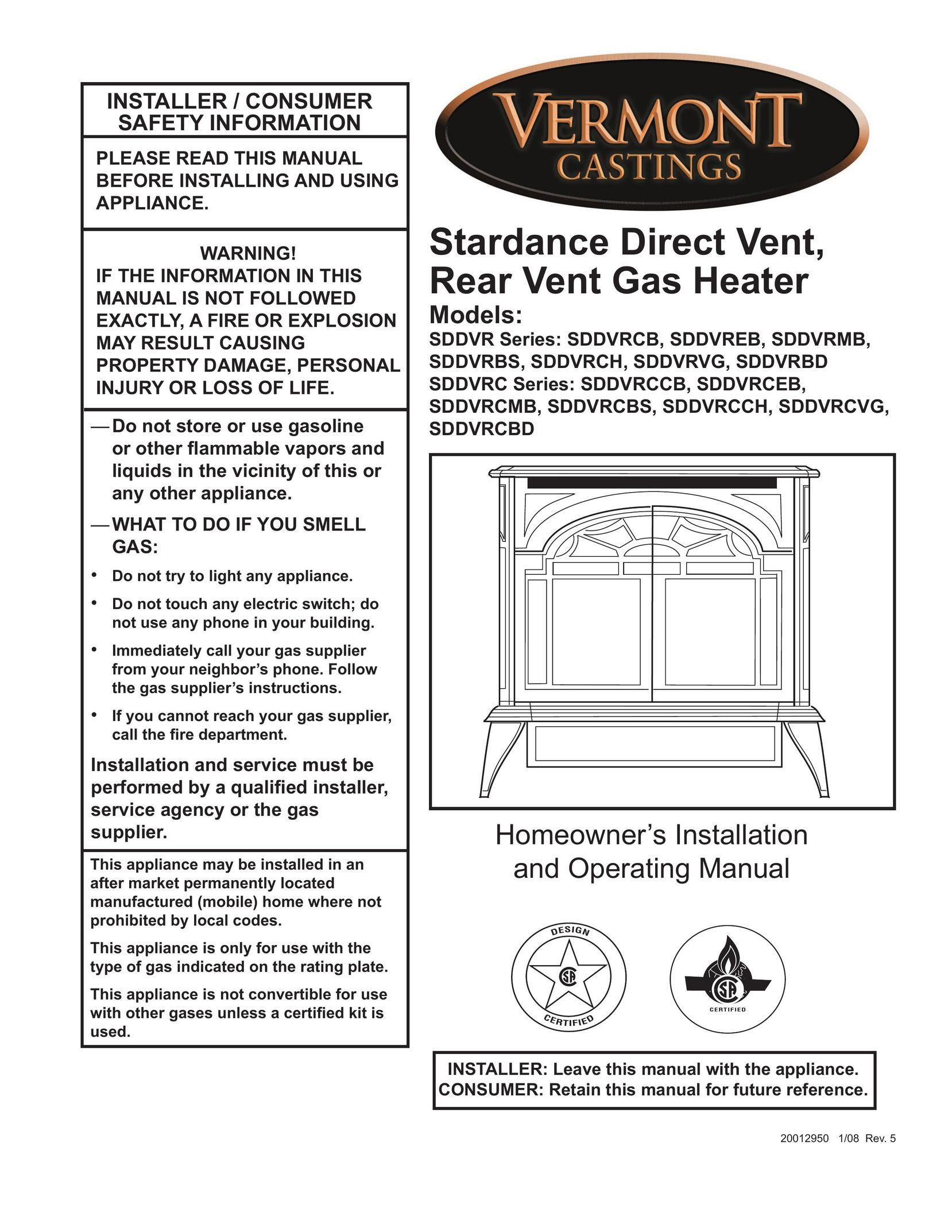 Vermont Casting SDDVRCBD Gas Heater User Manual