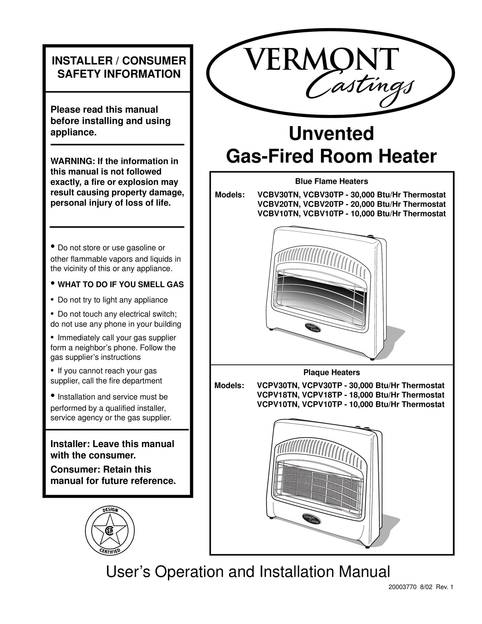 Vermont Casting VCBV10TP - 10 Gas Heater User Manual
